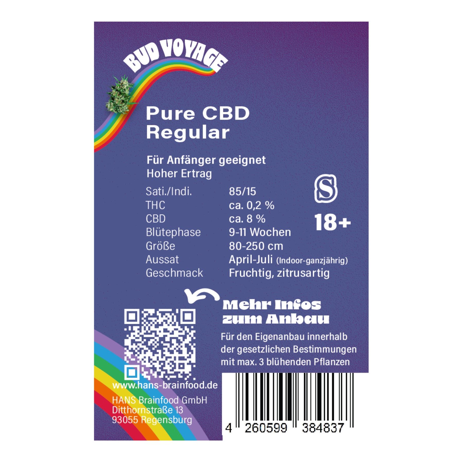 Graphic design by Hans Brainfood GmbH featuring a vibrant rainbow, a cannabis plant, and product details including CBD and THC percentages, fruity citrus flavor notes, and a QR code for growing instructions.