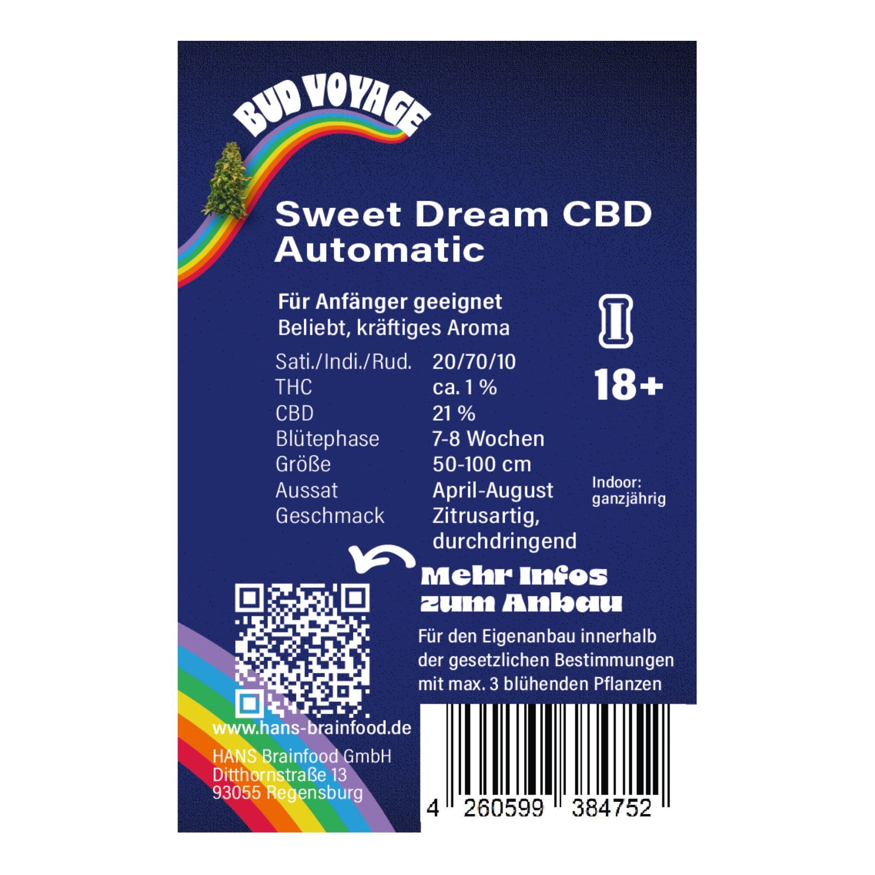 Grafik von Hans Brainfood GmbH: Sweet Dream CBD Automatic Hanfpflanze auf regenbogenfarbenem Hintergrund mit QR-Code und Barcode,  zitrussüßem Aroma und  7-8 Wochen Blütezeit