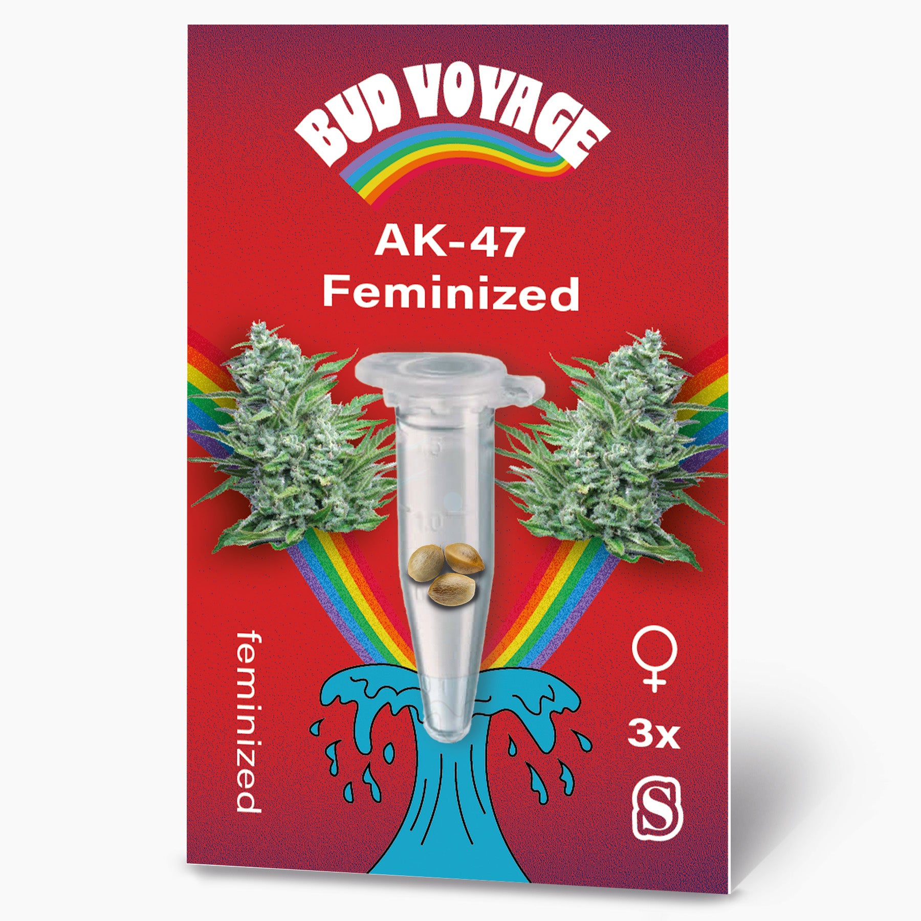 Bud Voyage graphic design featuring AK-47 feminized cannabis seeds in a test tube against a vibrant red background with a rainbow and stylized wave three seeds are visible  a symbol for feminized seeds is present