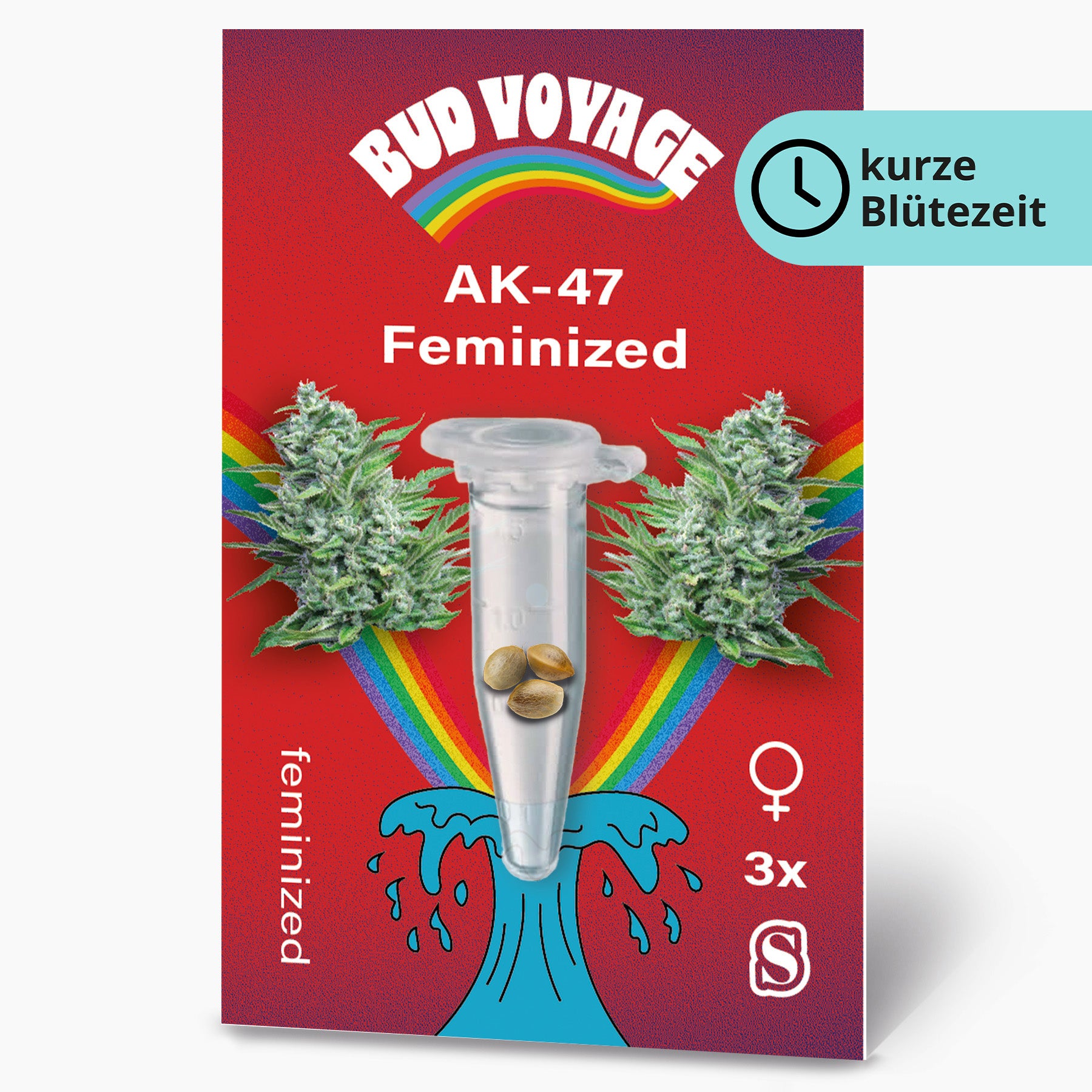 Bud Voyage AK-47 Feminized seed packaging shows three cannabis seeds in a test tube against a vibrant red background with a rainbow and stylized wave, featuring lush green cannabis buds and a colorful logo
