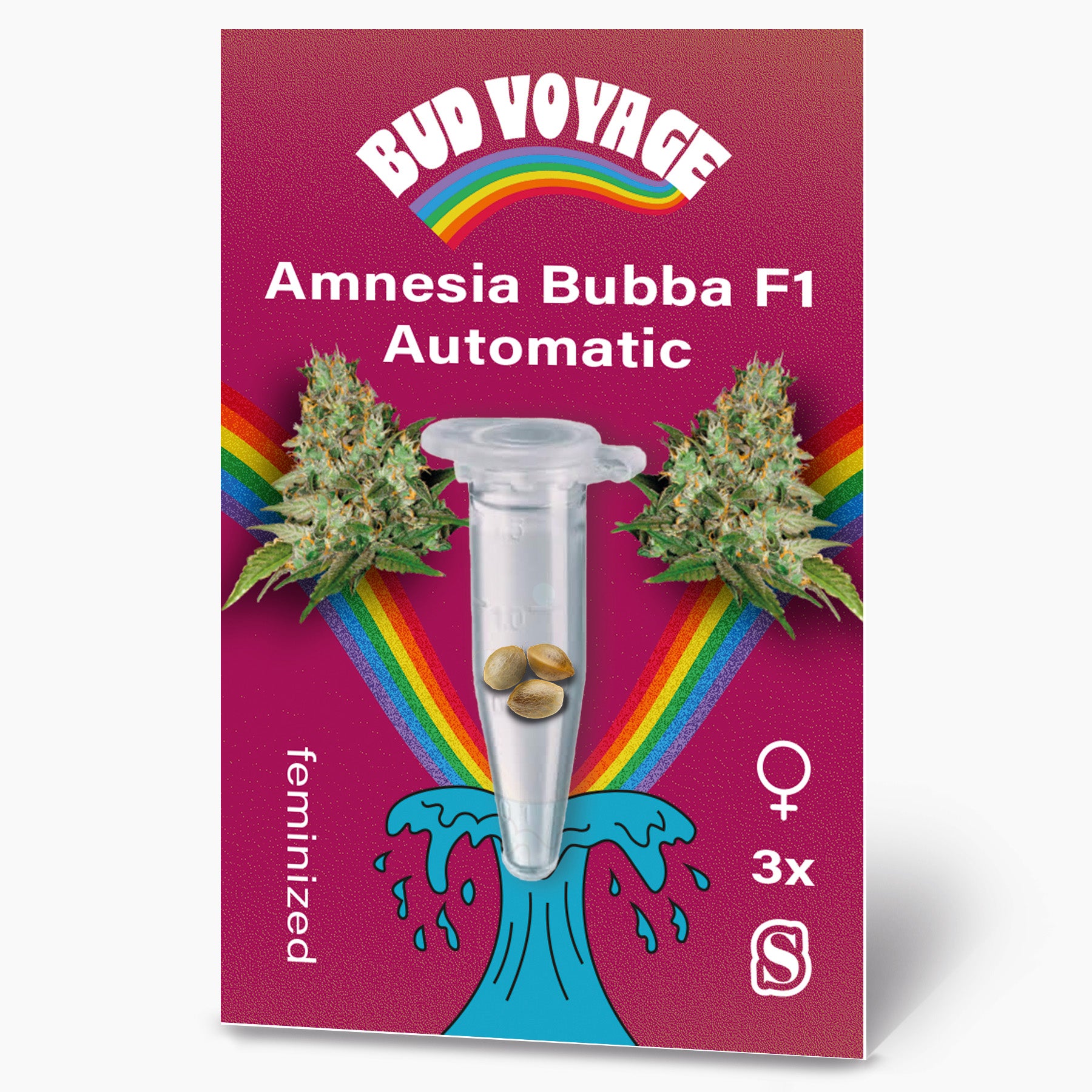 Bud Voyage Cannabis Samen Amnesia Bubba F1 Automatic zeigt Marihuana Blüten und Samen in einer Reagenzglas mit Regenbogen und türkisfarbenen Wellen auf burgunderrotem Hintergrund