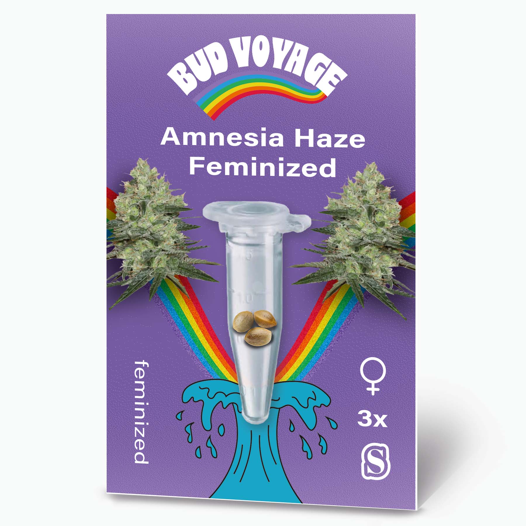 Bud Voyage graphic design featuring Amnesia Haze Feminized cannabis seeds three seeds in a test tube vibrant rainbow and stylized wave design