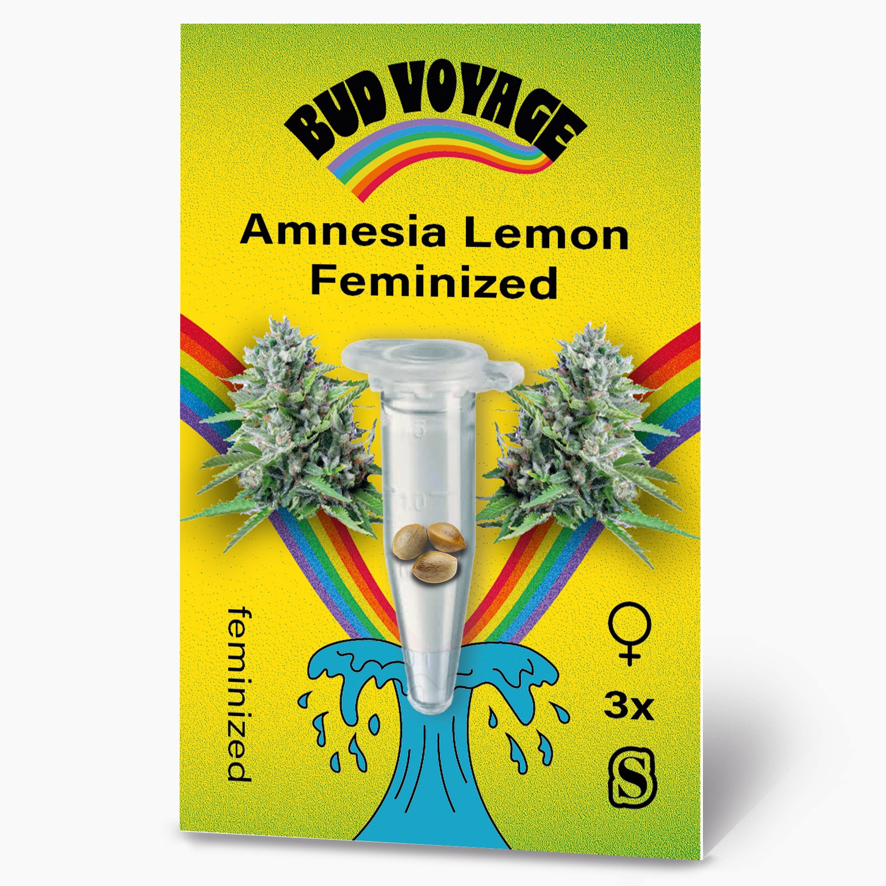 Bud Voyage Amnesia Lemon Feminized seed packaging shows three cannabis seeds in a test tube flanked by vibrant green cannabis buds against a yellow background featuring a rainbow and stylized wave design
