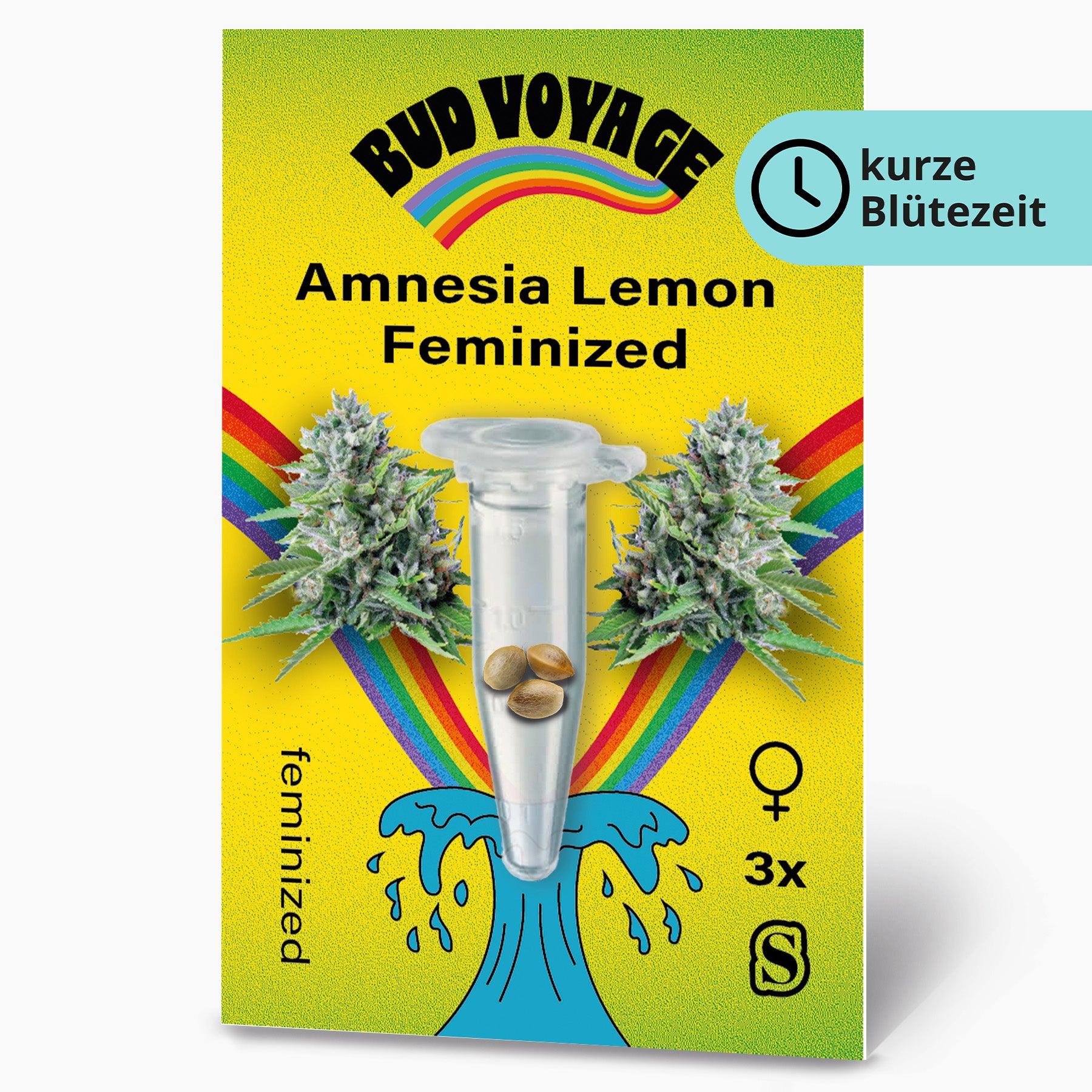 Bud Voyage Grafikdesign: Amnesia Lemon feminisierte Samen, drei Samen in einer Testtube, umgeben von Cannabisblüten und einem Regenbogen auf gelbem Hintergrund, zeigt lebendige Farben und detaillierte Cannabisblüten