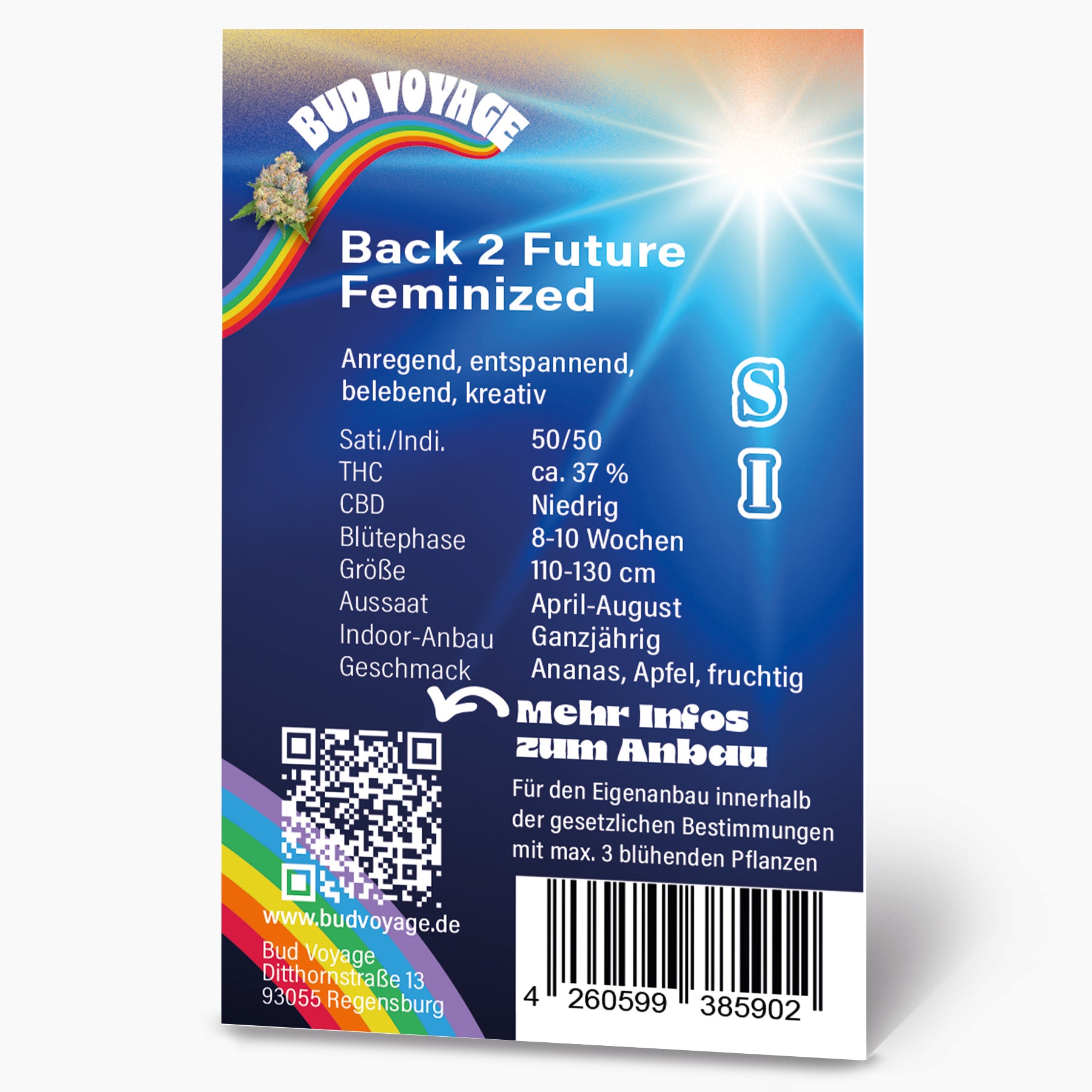 Bud Voyage Produktgrafik zeigt feminisierte Cannabispflanze vor einem Regenbogen auf blauem Hintergrund mit Ananas- und Apfelgeschmack