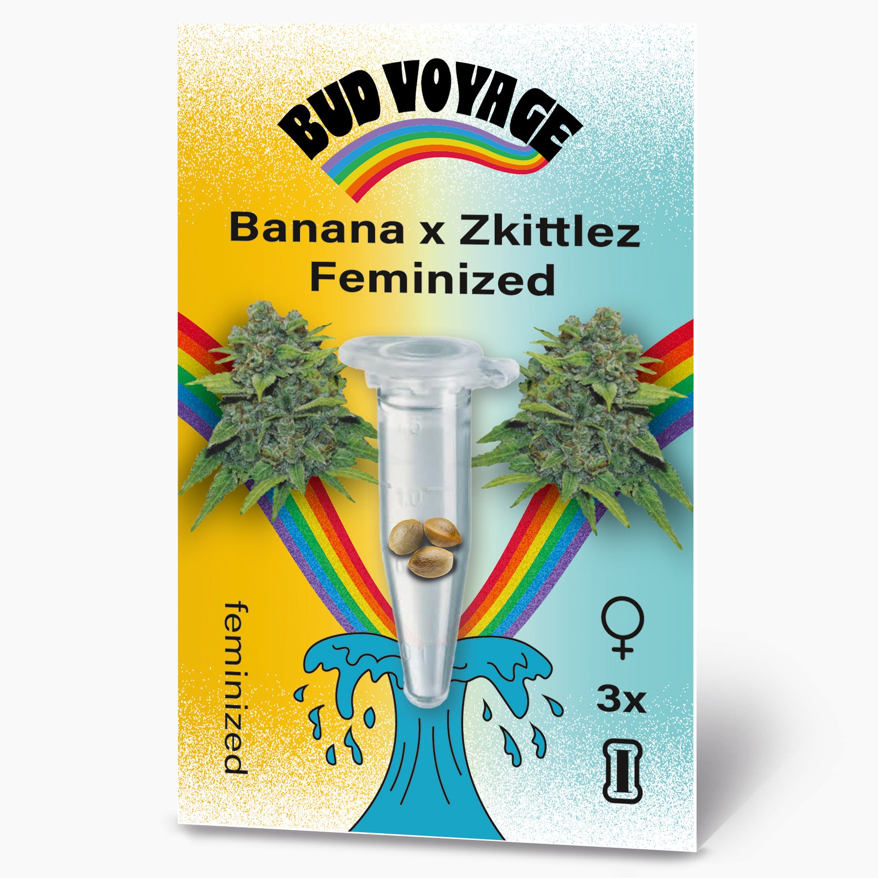 Bud Voyage Saatgutpackung zeigt feminisierte Banana x Zkittlez Cannabis-Samen in einer Testtube vor einem Regenbogen und Wellenmuster mit drei Samen und grünen Blütenständen