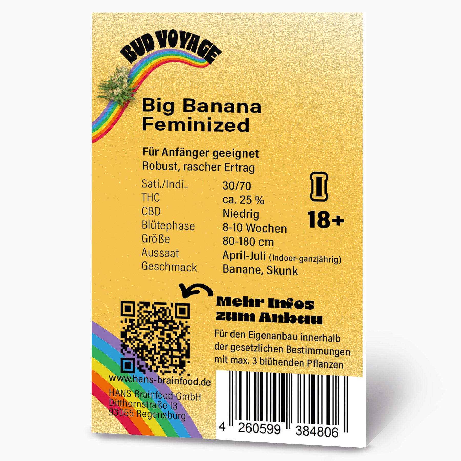Produktgrafik von HANS Brainfood GmbH: Big Banana feminisierte Cannabis-Samen, Regenbogen-Design mit QR-Code und Barcode,  Bananen- und Skunk-Geschmack,  18+ Altersbeschränkung