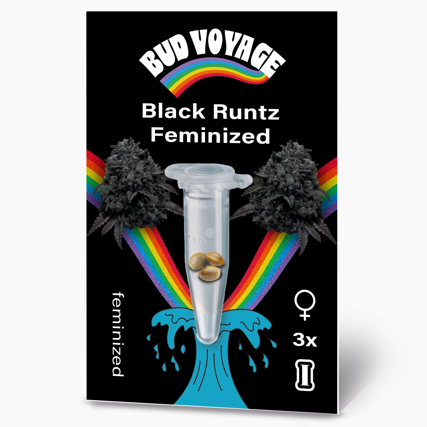 Bud Voyage Grafikdesign: Black Runtz feminisierte Hanfsamen in einer Reagenzglas auf schwarzem Hintergrund mit Regenbogen und türkisfarbenen Wellen drei Samen in einem transparenten Gefäß umgeben von dunklen Blütenständen