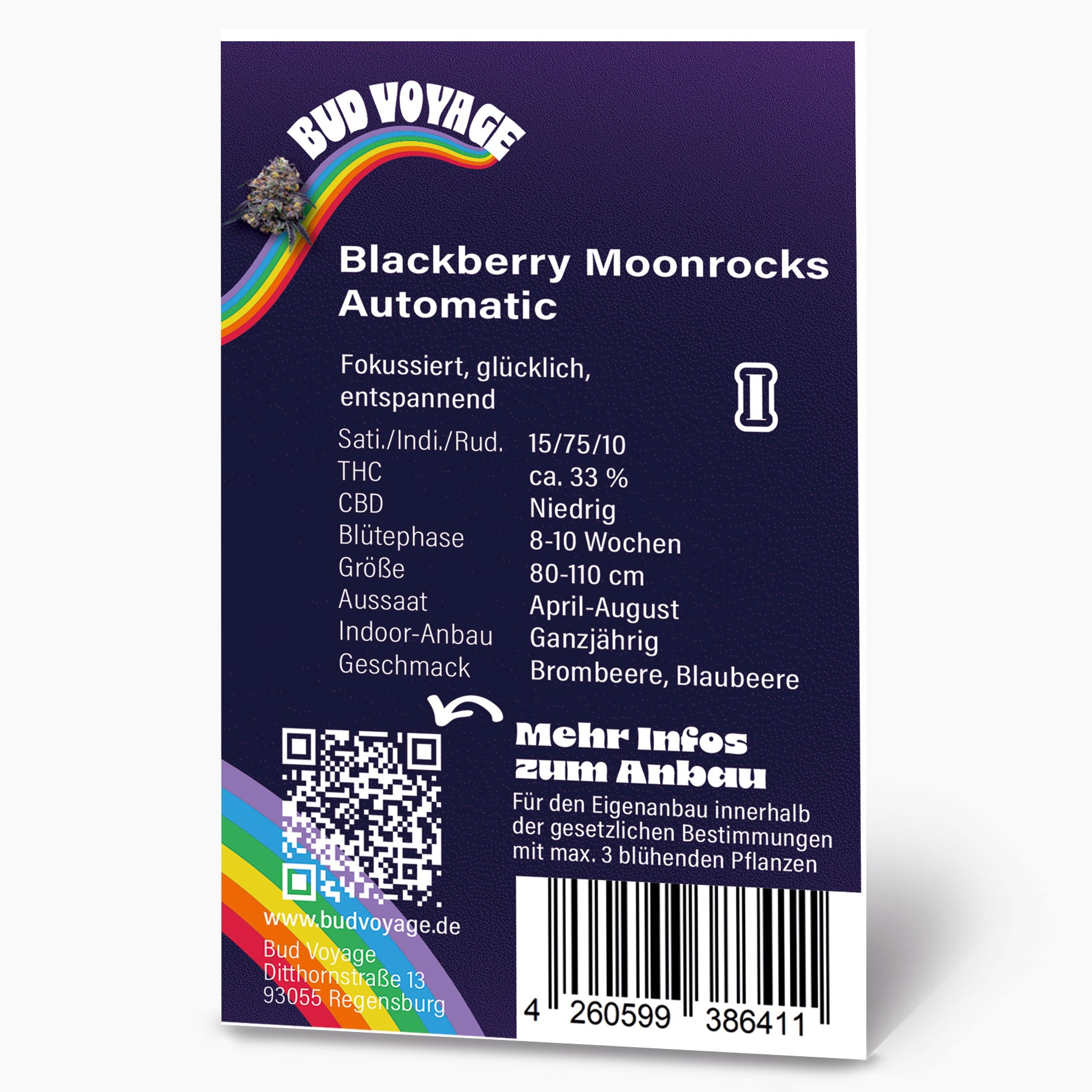 Bud Voyage Produktgrafik: Blackberry Moonrocks Automatic Hanfsamen, zeigt einen Regenbogen, ein QR-Code und  detaillierte Angaben zu Anbau, Geschmack und THC-Gehalt
