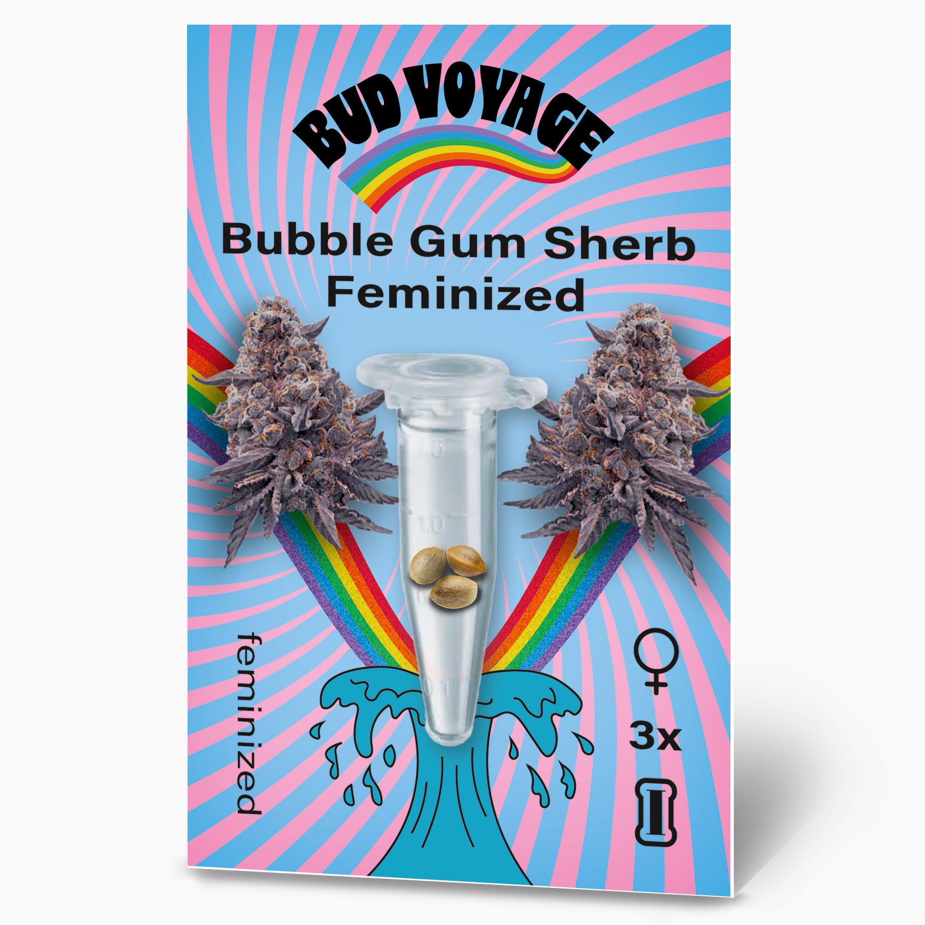 Bud Voyage Grafikdesign: feminisierte Bubble Gum Sherb Samen in einer durchsichtigen Testtube vor Regenbogen und pastellfarbenen Wellen mit lilafarbenen Blütenständen und drei Samen