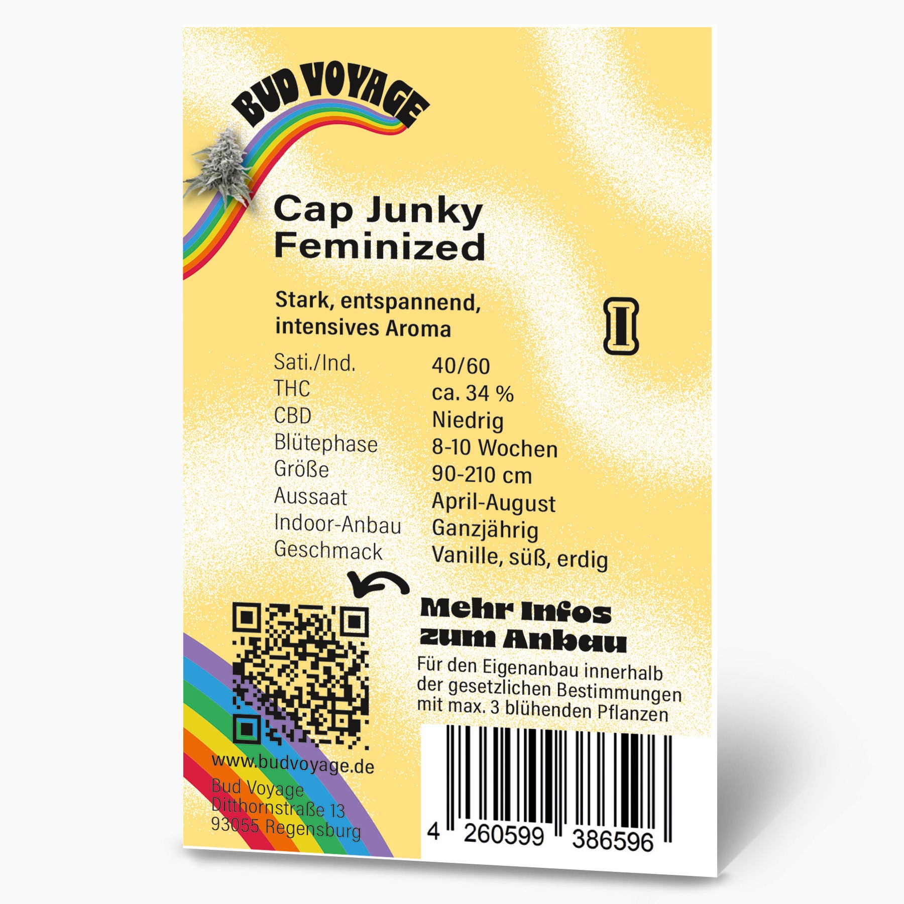 Bud Voyage Produktbild: Cap Junky feminisierte Cannabisblüte mit Regenbogen, QR-Code und Barcode, Vanille-Aroma und erdigen Noten