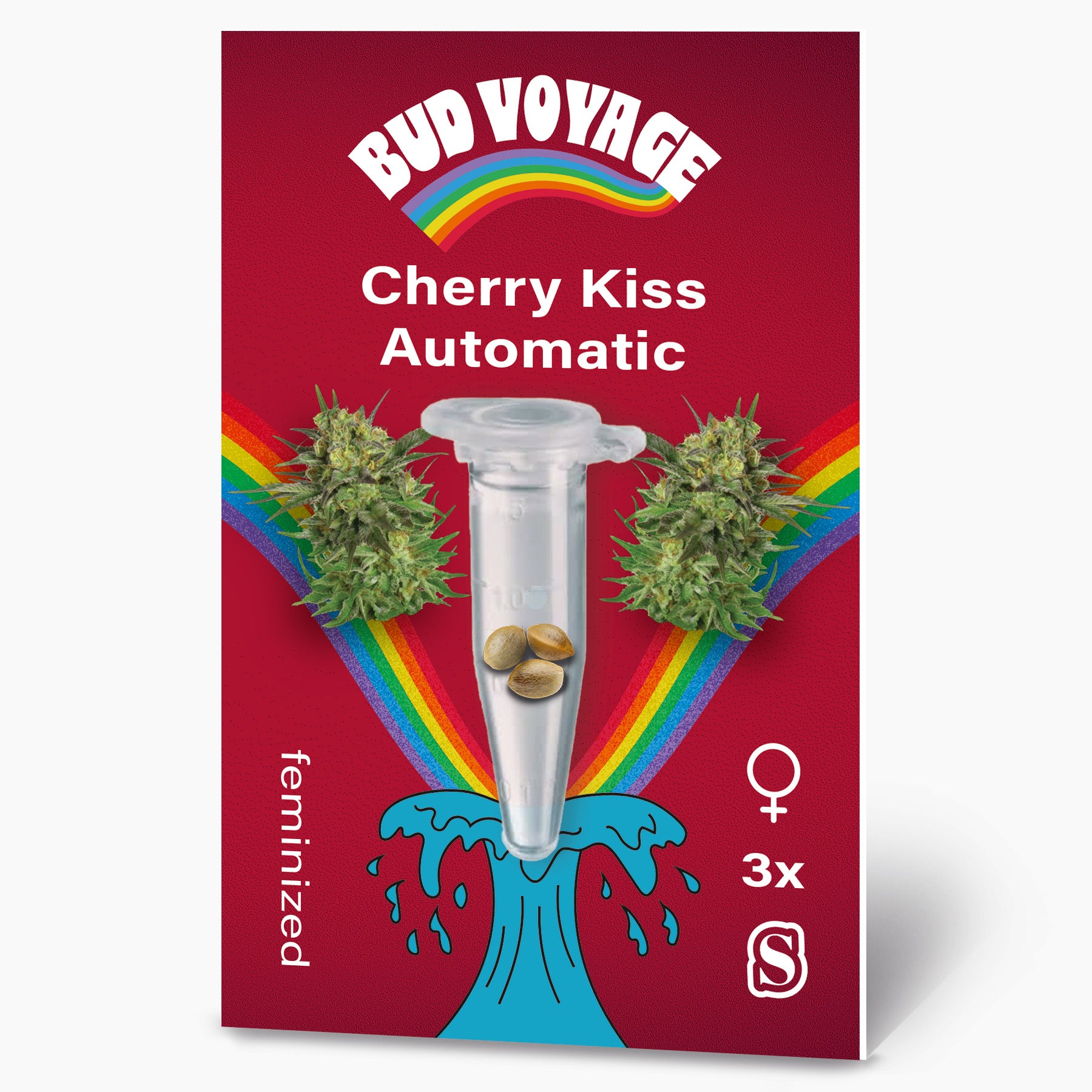 Bud Voyage Grafikdesign: Cherry Kiss Automatic Hanfsamen in einer Reagenzglas auf rotem Hintergrund mit Regenbogen und blauen Wellen drei feminisierte Samen in lebendigen Farben und detailreichen Cannabisblüten