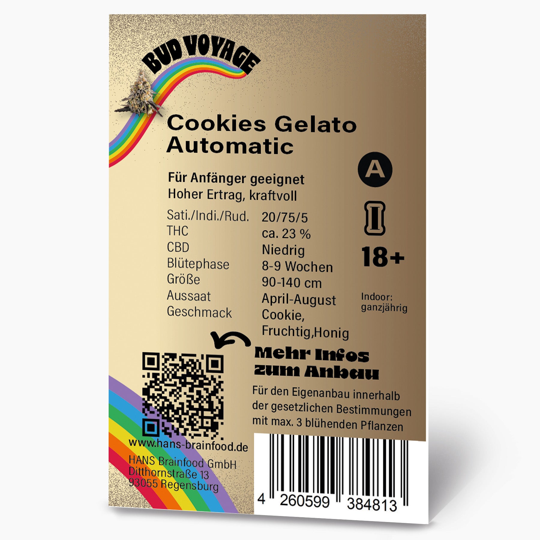 Grafik von Hans Brainfood GmbH: Cookies Gelato Automatic Samenpackung mit Regenbogen, QR-Code und  detaillierter Produktinformation in beige und goldenen Farbtönen
