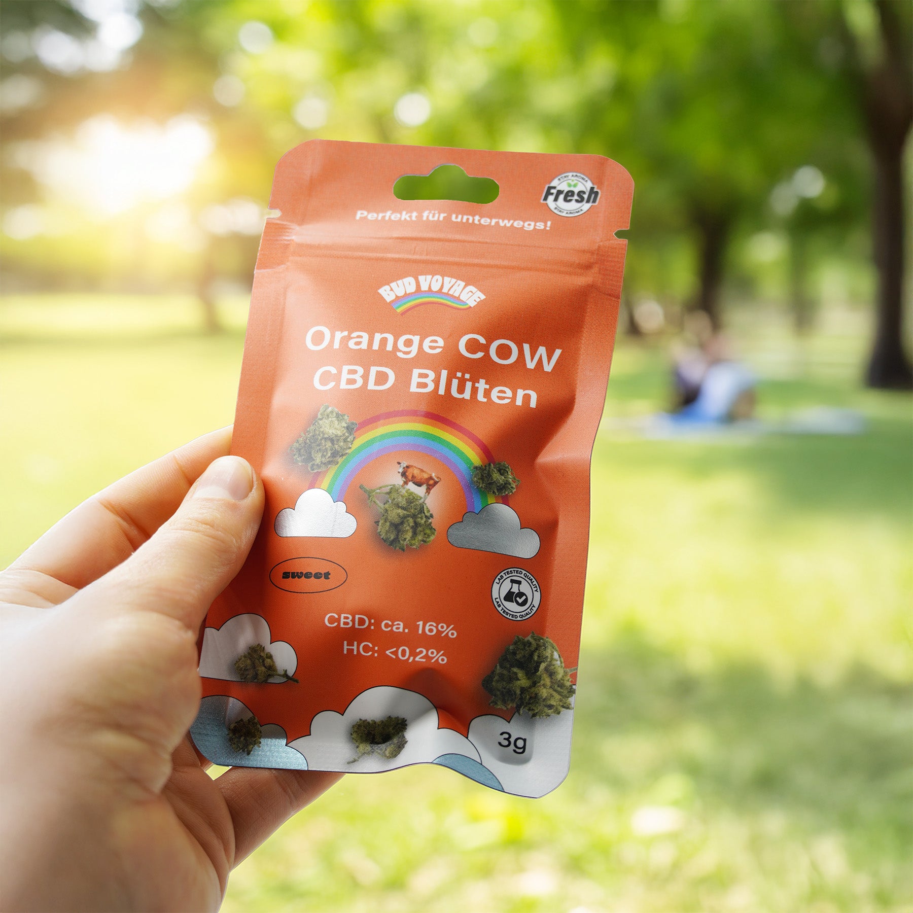 Bud Voyage Produktfotografie: Eine Hand hält eine orangefarbene Packung Orange COW CBD Blüten im Freien vor verschwommenem Hintergrund mit Bäumen und einem Regenbogen auf der Verpackung, die grüne Blüten und ein süßes Kuhmotiv zeigt