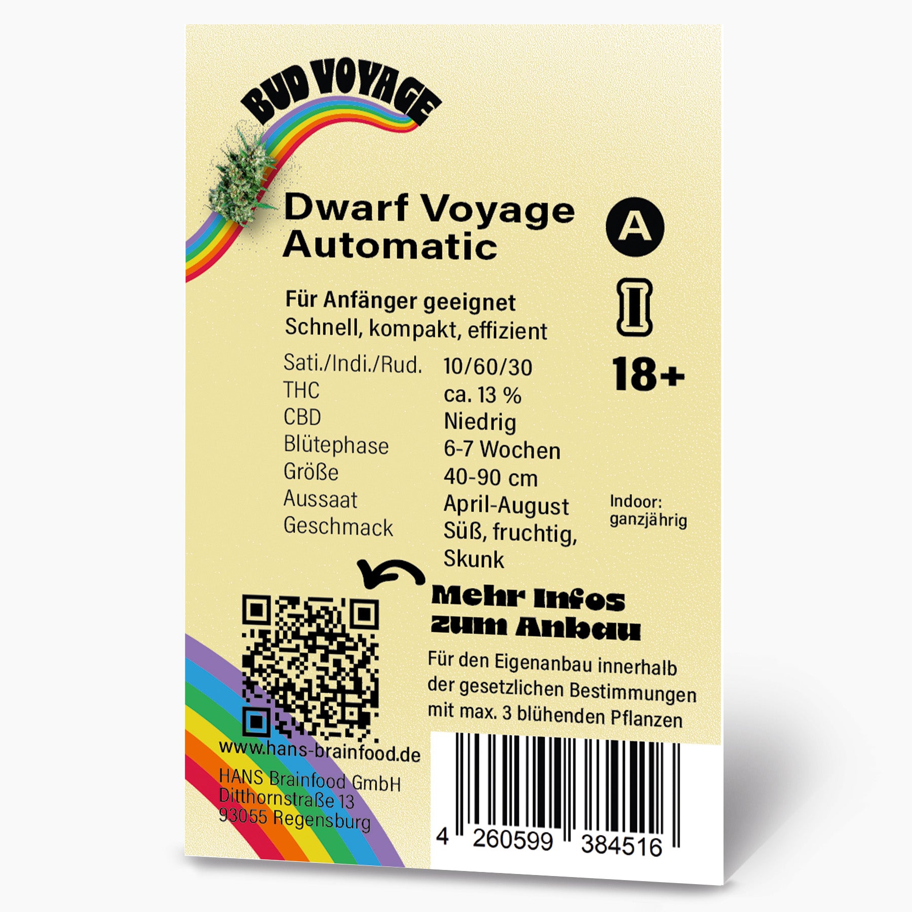 Graphic design by Hans Brainfood GmbH showing Dwarf Voyage Automatic cannabis seed packaging with a rainbow, QR code, and barcode details, showcasing a sweet, fruity skunk flavor profile