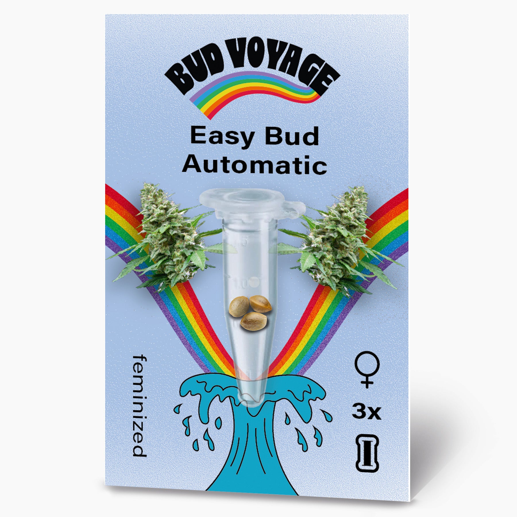 Bud Voyage Easy Bud Automatic Samenpackung zeigt Marihuana-Knospen, einen Regenbogen und drei feminisierte Samen in einer Testtube auf hellblauem Hintergrund.