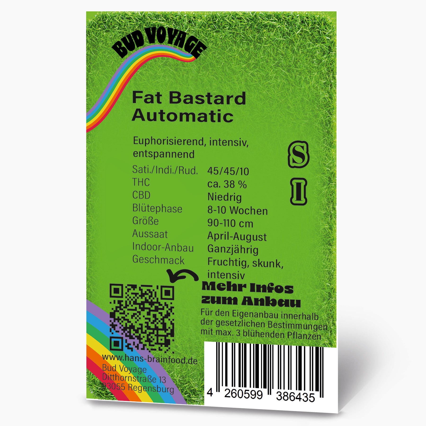 Graphic design featuring a rainbow, QR code, and barcode against a green grass background, advertising Bud Voyage's Fat Bastard Automatic cannabis seeds with fruity, skunky, and intense flavor notes
