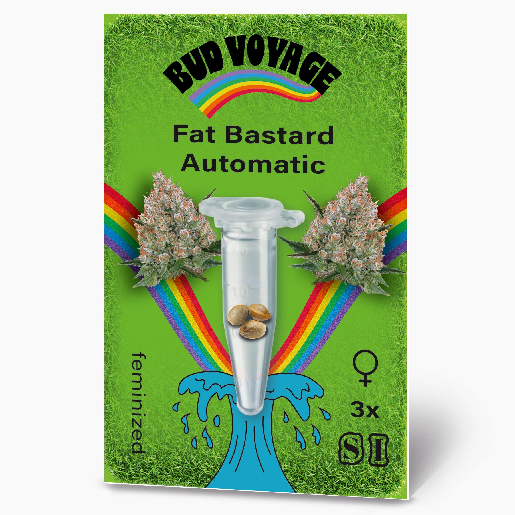 Bud Voyage seed pack featuring Fat Bastard Automatic cannabis seeds against a vibrant green grass background with rainbow accents and a cartoonish water splash design showing three feminized seeds in a test tube