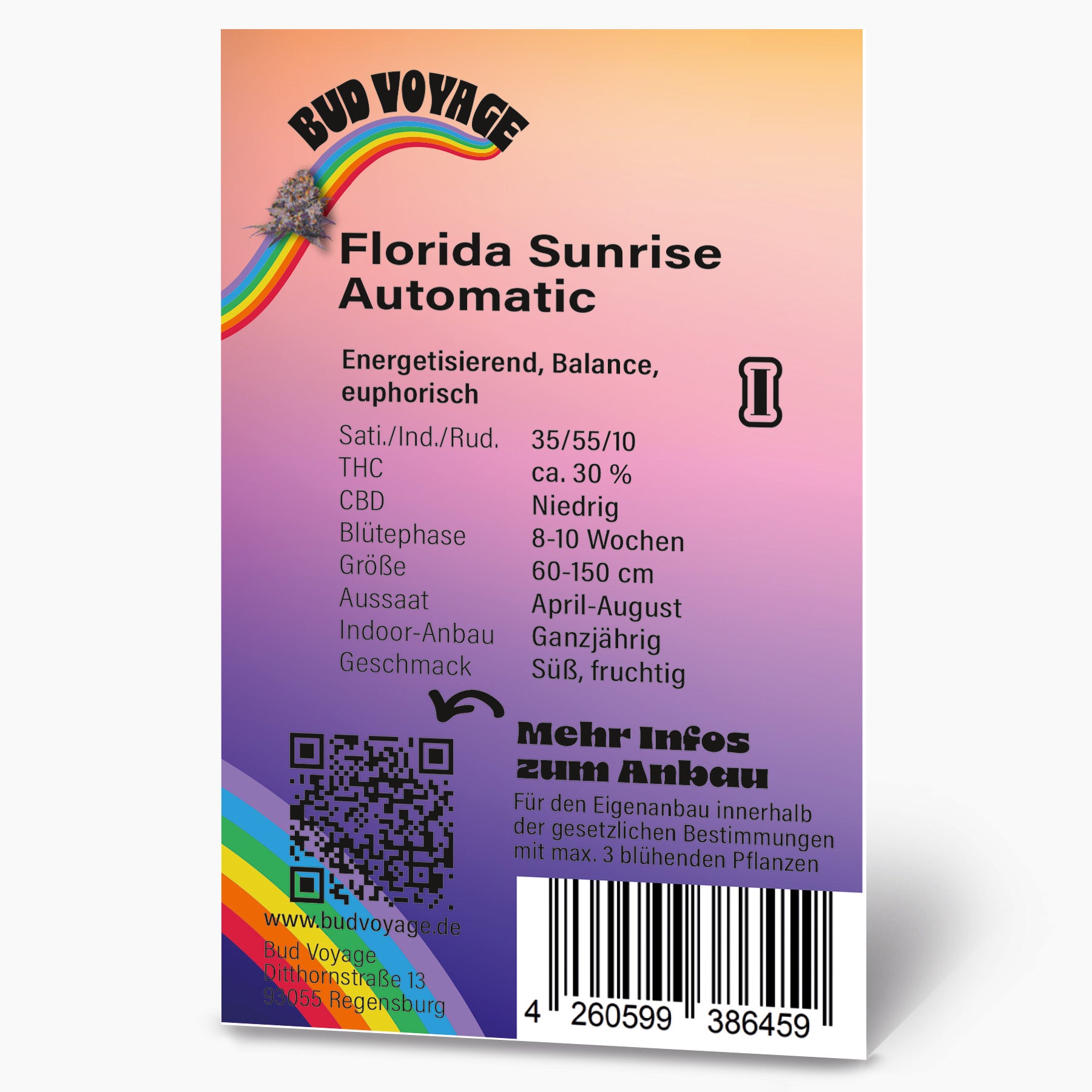 Bud Voyage graphic design featuring a Florida Sunrise Automatic cannabis strain against a rainbow backdrop showcasing vibrant purple and orange hues and a QR code