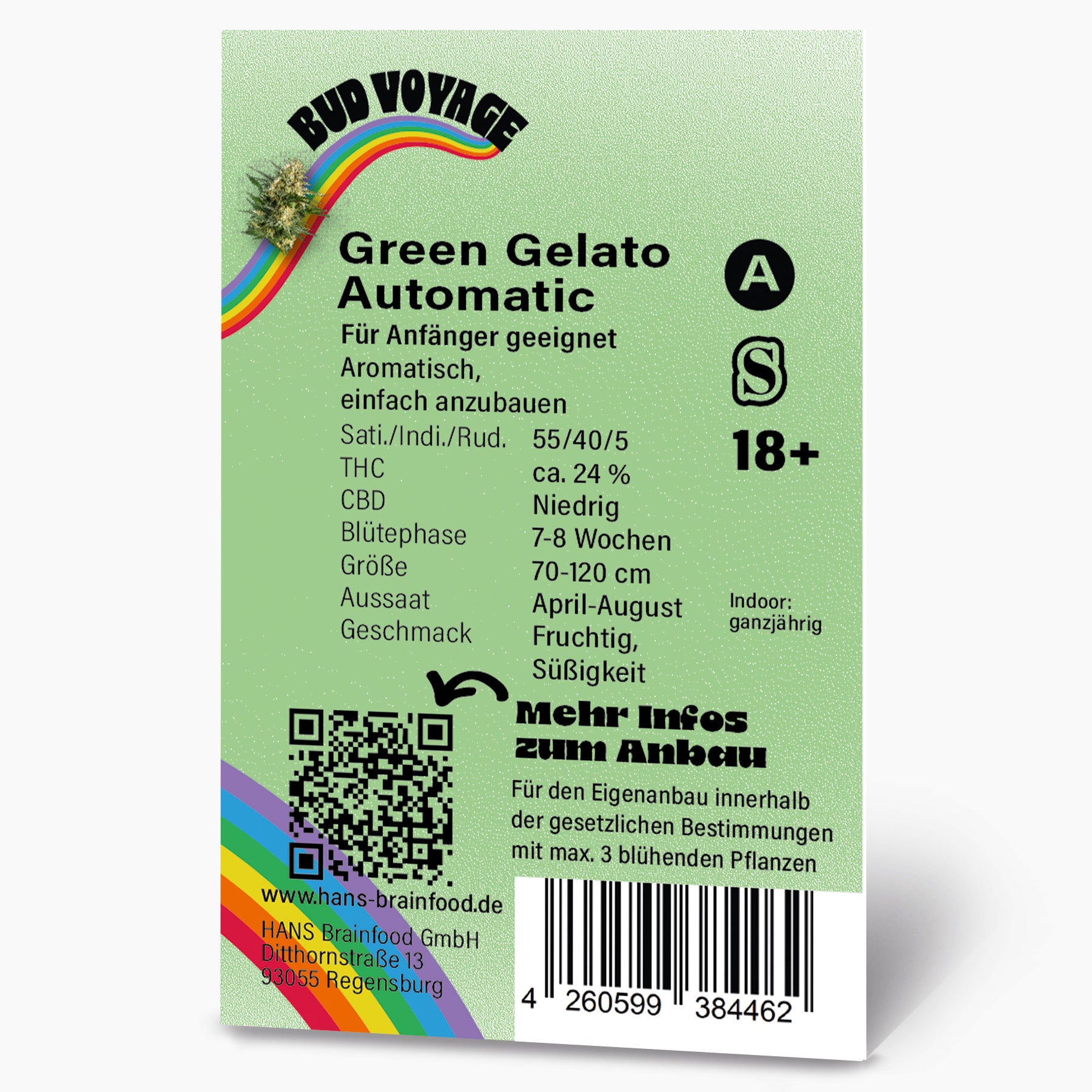 Bud Voyage Green Gelato Automatic Hanfsaatpackung mit Regenbogen, QR-Code und detaillierten Anweisungen zum Anbau, fruchtigem Geschmack und 7-8 Wochen Blütezeit