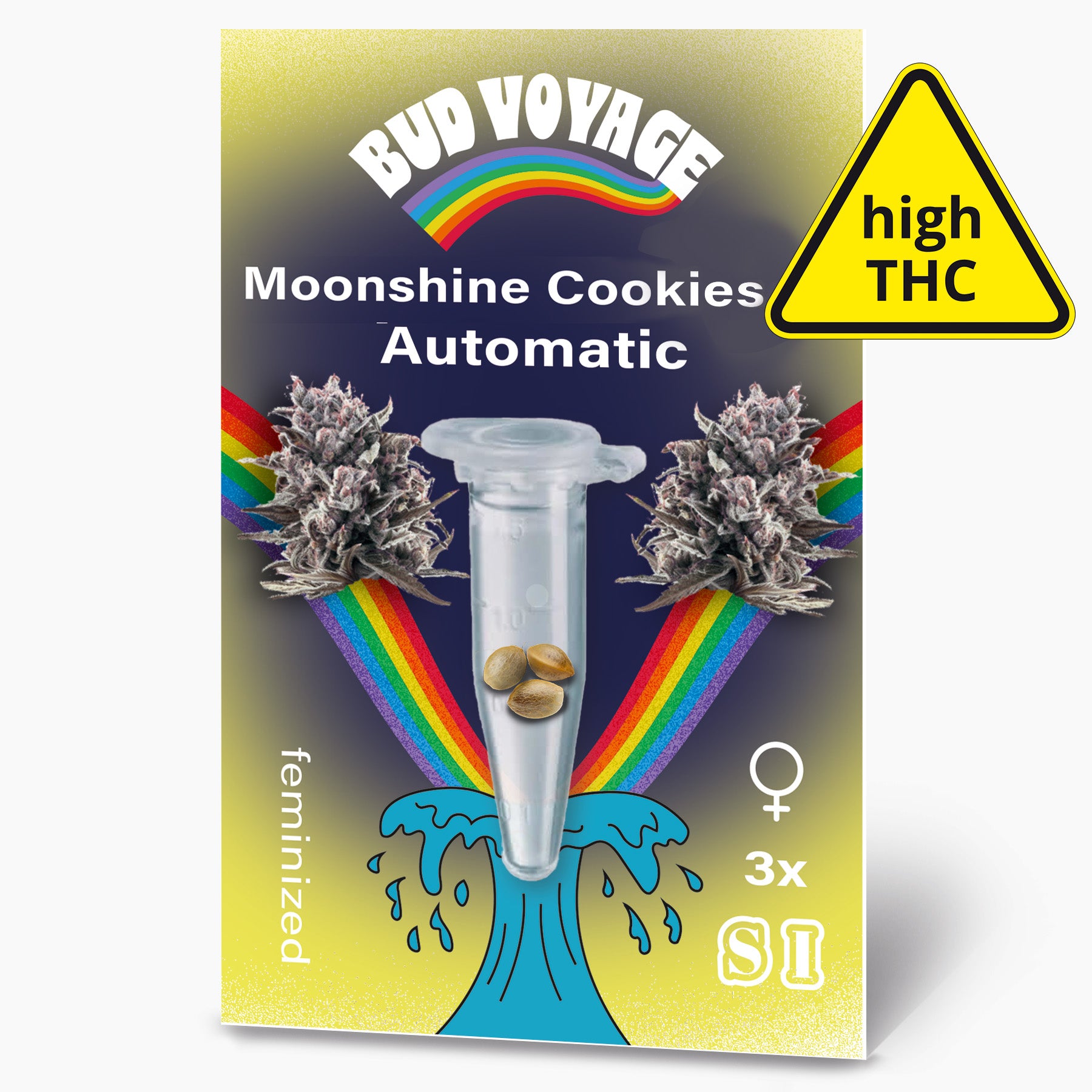 Bud Voyage Moonshine Cookies Automatic feminized cannabis seeds package art depicting vibrant rainbow, test tube with seeds, and stylized wave featuring purple buds and a high THC warning