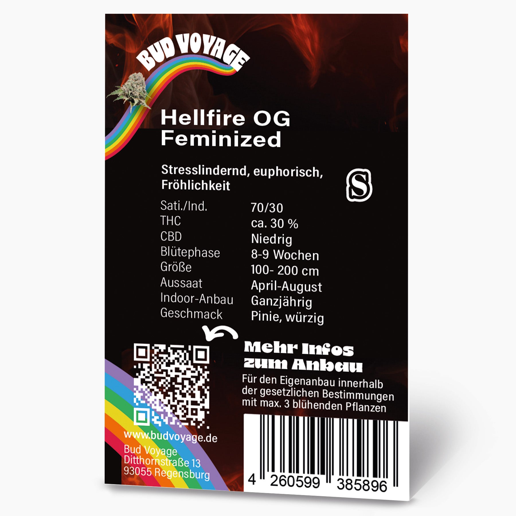 Bud Voyage Grafikdesign, Hellfire OG feminisierte Cannabis-Produktverpackung mit Regenbogen, Flammenhintergrund und QR-Code für Anbauinformationen