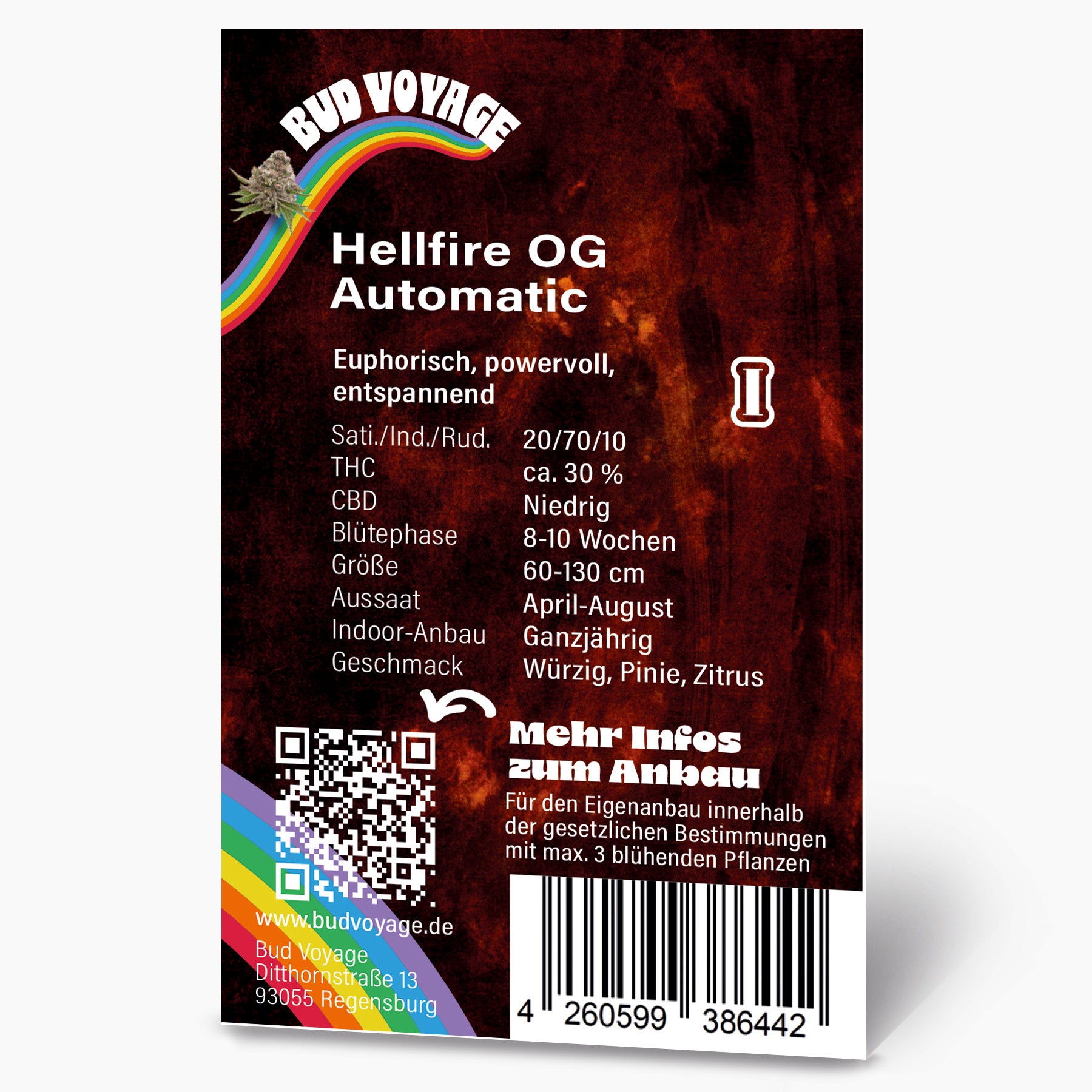 Graphic design by Bud Voyage depicting Hellfire OG Automatic cannabis strain showcasing a vibrant rainbow, a QR code, and a barcode on a dark red background