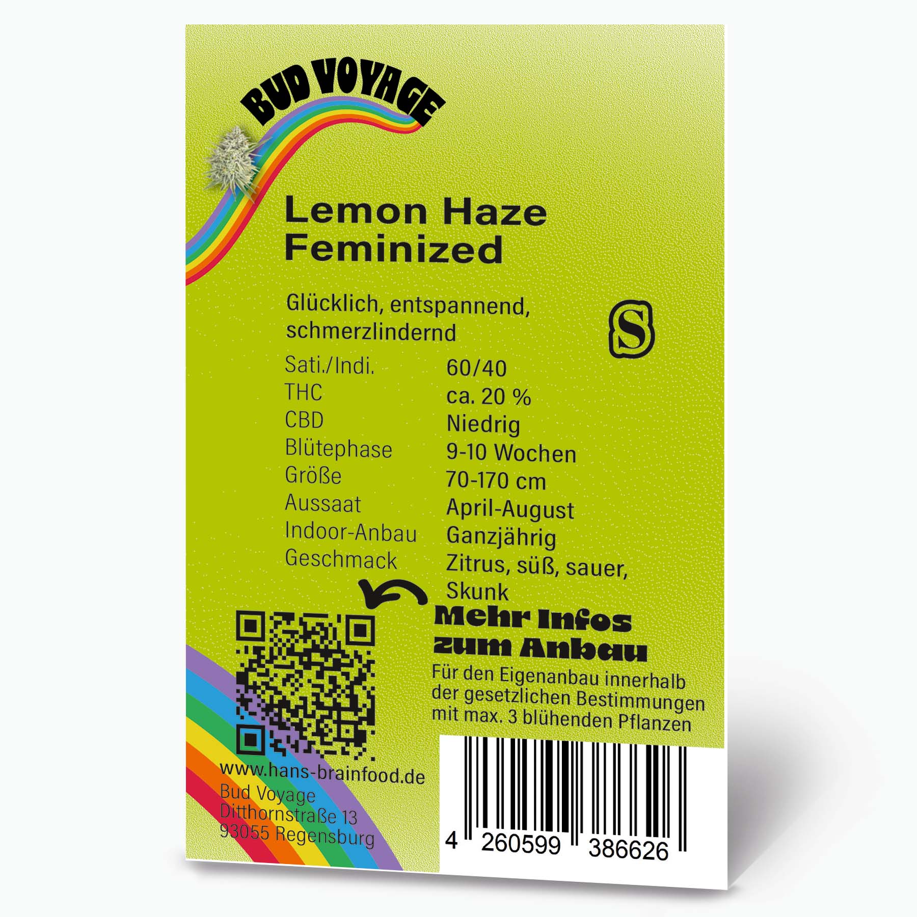 Bud Voyage graphic design featuring a rainbow, cannabis bud, and QR code with details on Lemon Haze Feminized cannabis strain including citrus, sweet, and sour flavor notes