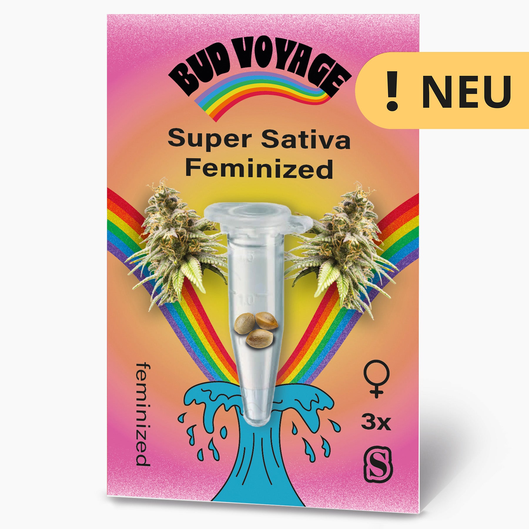 Bud Voyage Samenkollektion: Super Sativa feminisiert Samen in einer Mikrotesttube vor Regenbogenhintergrund mit zwei Marihuana-Blüten und einem stilisierten Wellendesign
