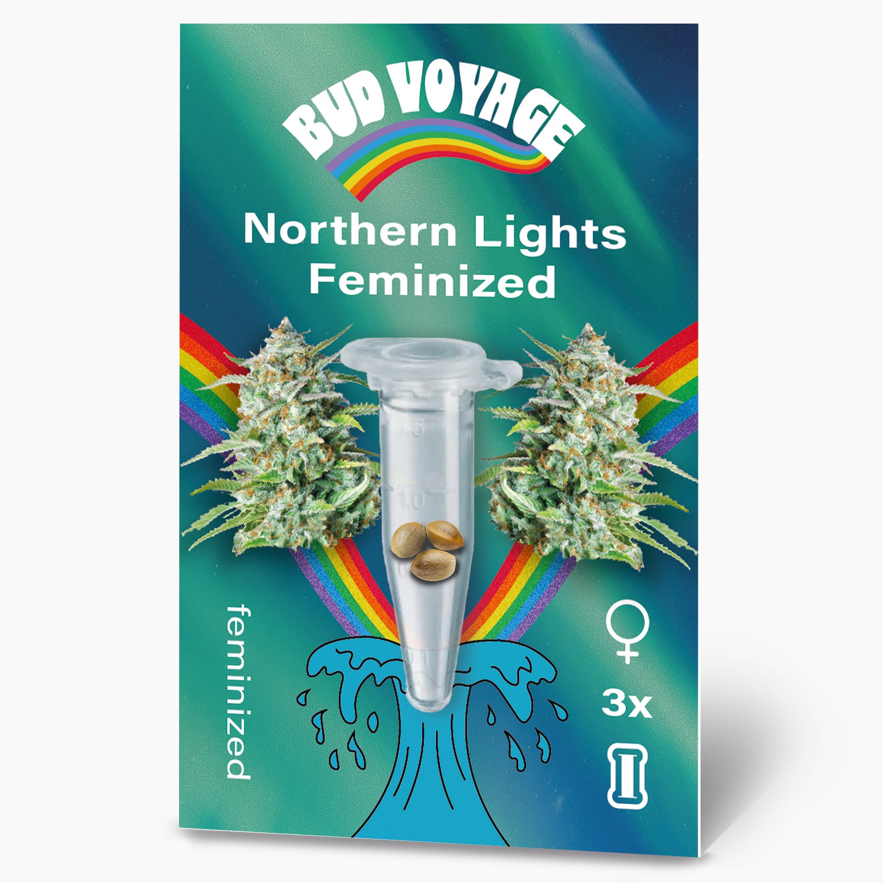 Bud Voyage Grafikdesign: Northern Lights feminisierte Hanfsamen in einer Testtube vor einem Hintergrund mit Nordlichtern und einem Regenbogen drei Samen sind sichtbar