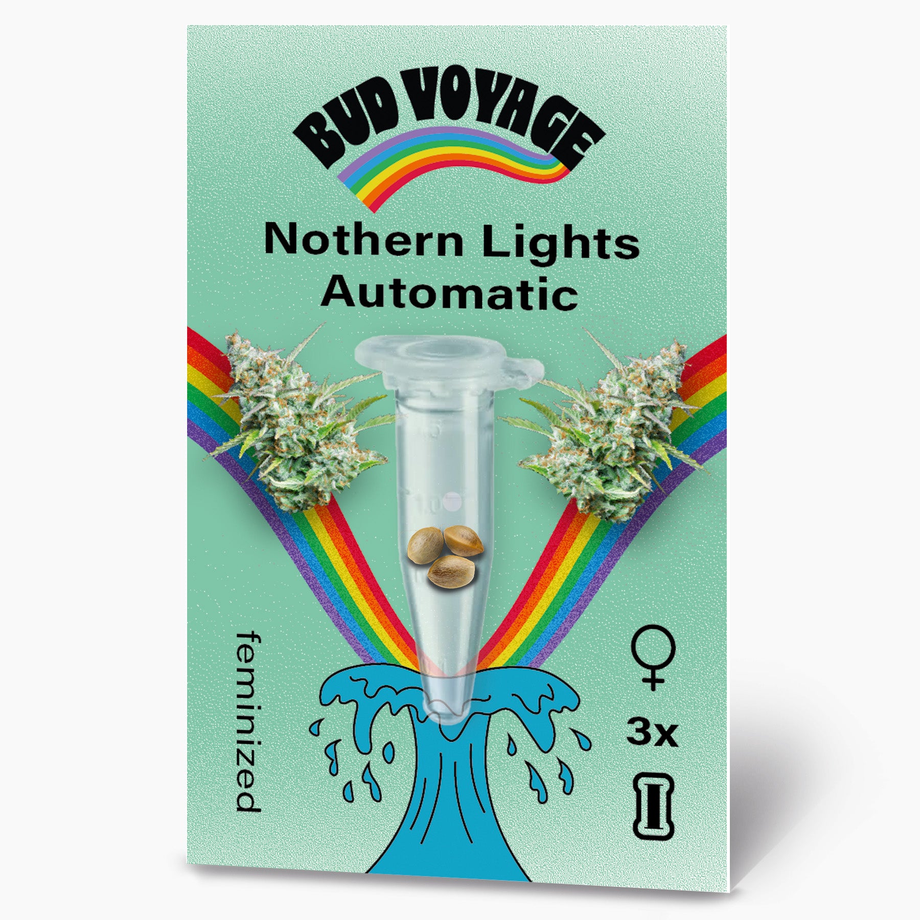 Bud Voyage Grafikdesign: Northern Lights Automatic Hanfsamen in einer Testtube, umgeben von einem Regenbogen und türkisfarbenen Wellen, zeigen drei feminisierte Samen und Marihuana Blüten