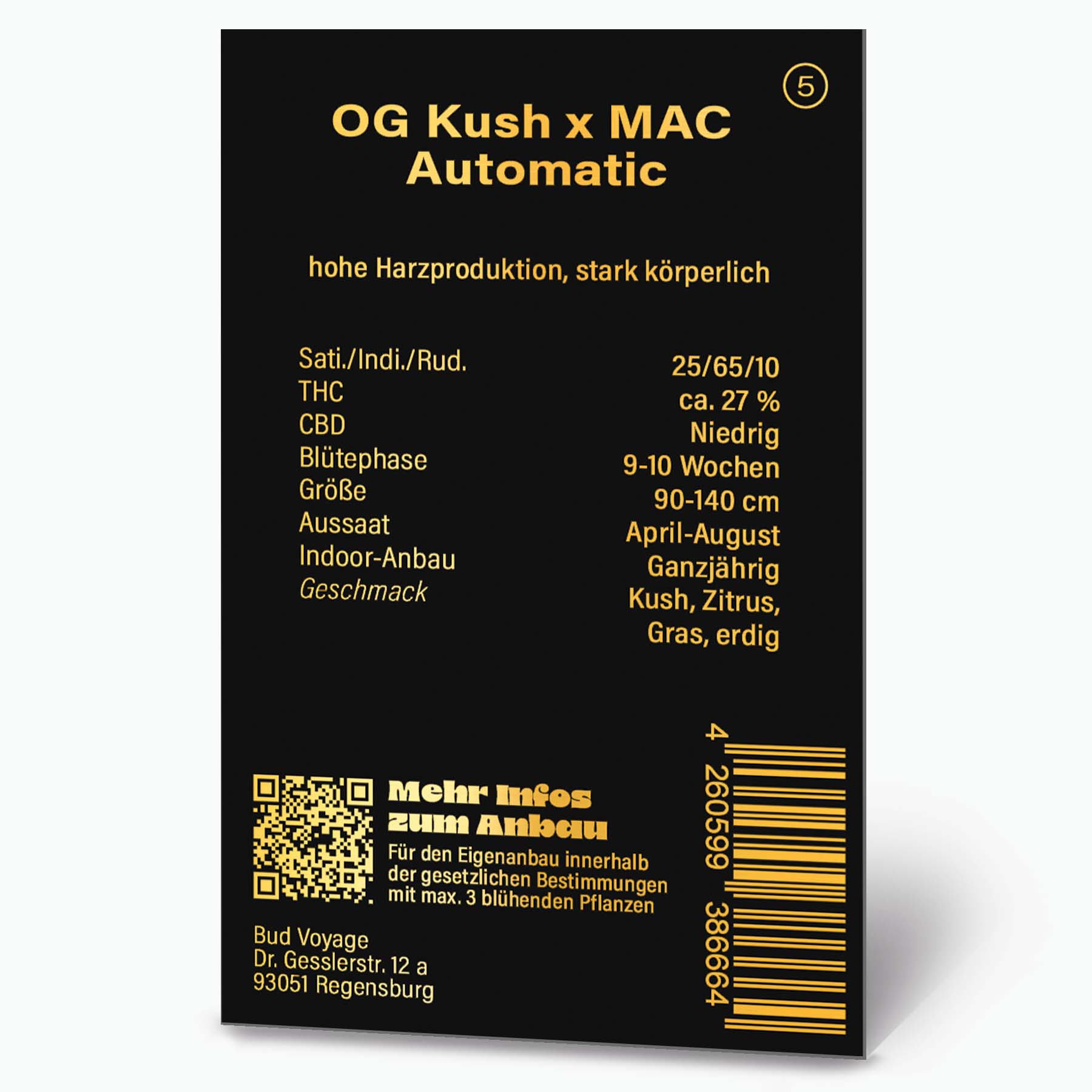 Grafikdesign von Bud Voyage, Produktinformationen für OG Kush x MAC Automatic Hanfsamen, mit QR-Code, Barcode und goldenen Details auf schwarzem Hintergrund