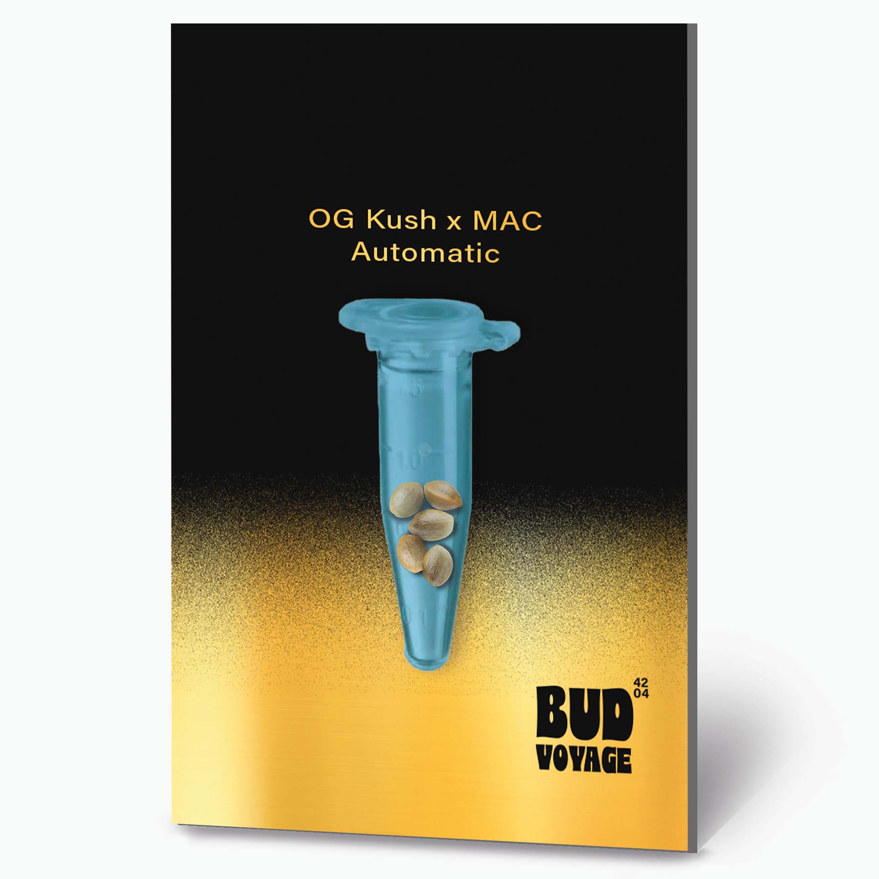 Digitales Kunstwerk von Bud Voyage zeigt Cannabis-Samen in einer blauen Testtube vor einem gold-schwarzen Hintergrund mit dem Text OG Kush x MAC Automatic