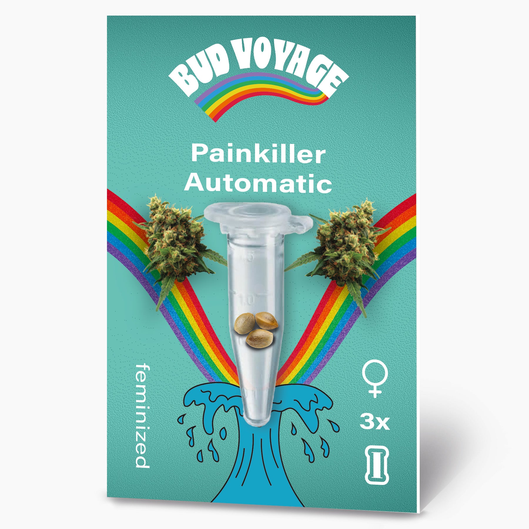 Bud Voyage graphic design Painkiller Automatic feminized cannabis seeds displayed in a test tube with vibrant rainbows and a stylized wave featuring three speckled seeds and teal background