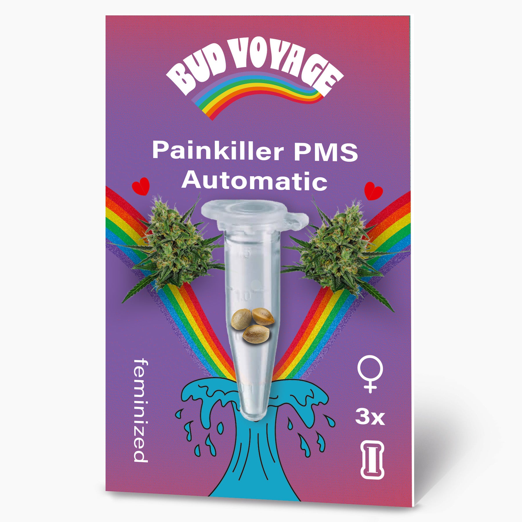 Bud Voyage Painkiller PMS Automatic feminized cannabis seeds package featuring three seeds in a test tube vibrant rainbow and stylized wave design