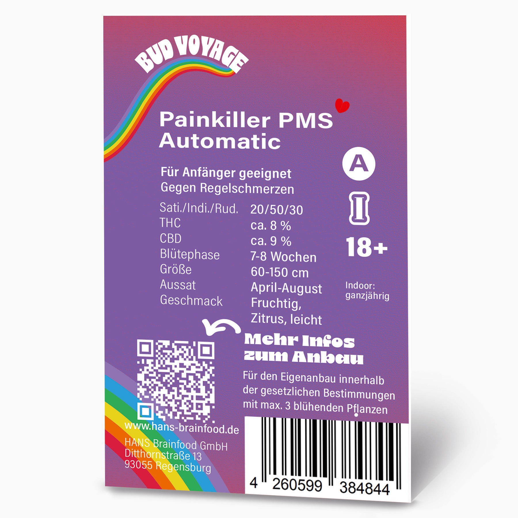 Graphic design by Hans Brainfood GmbH,  PainKiller PMS Automatic product label showing a vibrant rainbow,  a barcode, and detailed cultivation information including  THC and CBD percentages.