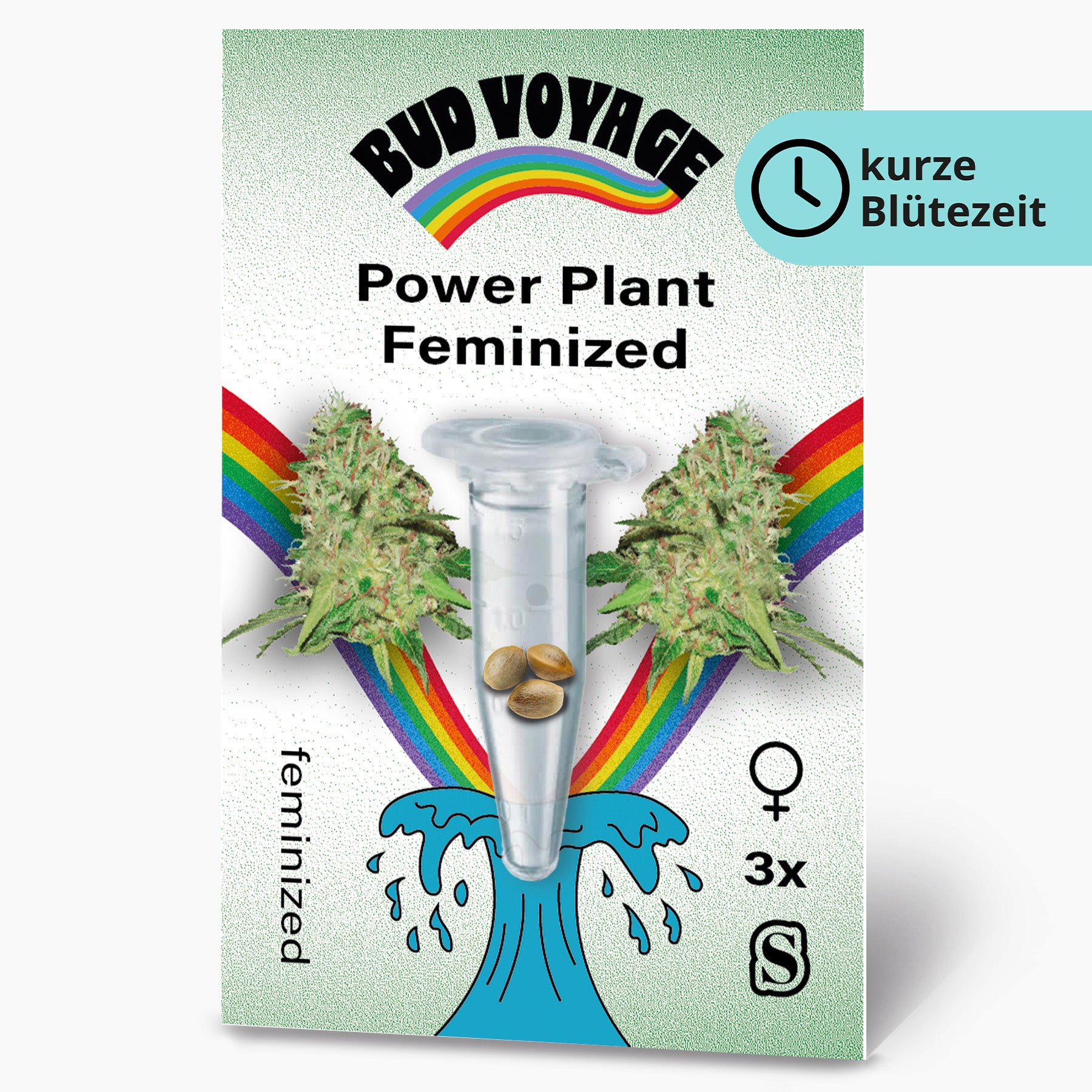 Bud Voyage Power Plant Feminized seed packaging depicts cannabis buds flanking a test tube of seeds against a vibrant rainbow and stylized wave showcasing three feminized seeds a rainbow and a turquoise wave