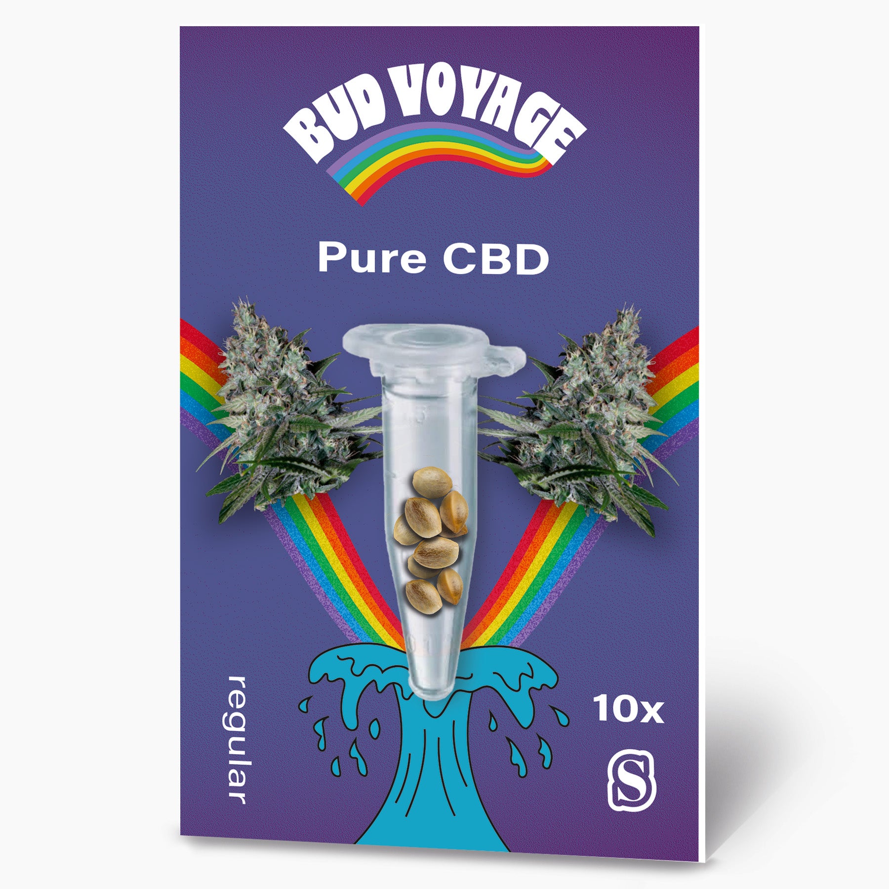 Bud Voyage Saatgutpackung: Zeigt Hanfsamen in einer Reagenzglas, umgeben von zwei Marihuana Blüten und einem Regenbogen auf lila Hintergrund mit türkisfarbener Welle und tropfenden Wasser