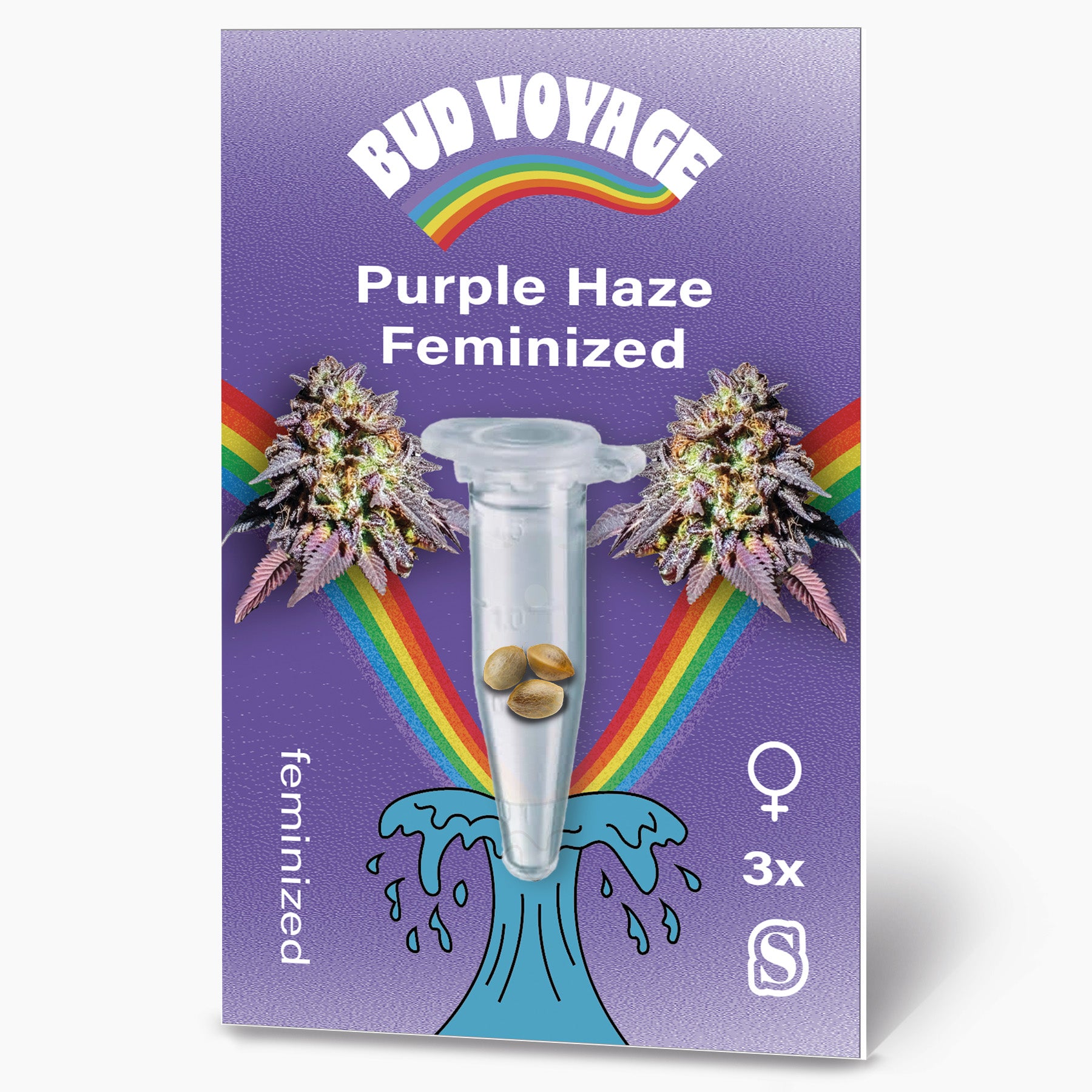 Bud Voyage Purple Haze Feminized cannabis seeds package showing three seeds in a test tube flanked by purple haze buds against a vibrant rainbow and purple background