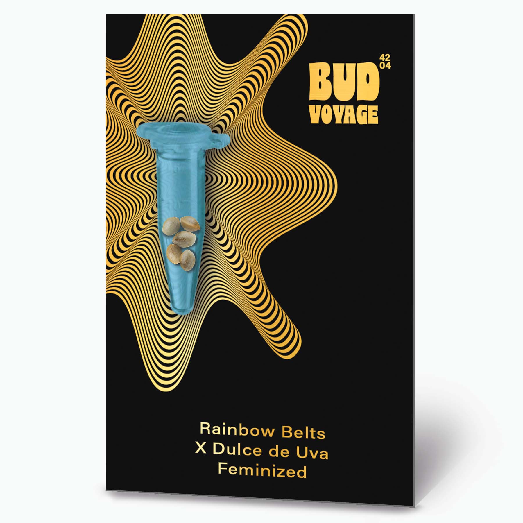 Digitale Kunst, Hanfsamen in einer blauen Kapsel auf goldenen Wellenlinien vor schwarzem Hintergrund mit dem Text Bud Voyage