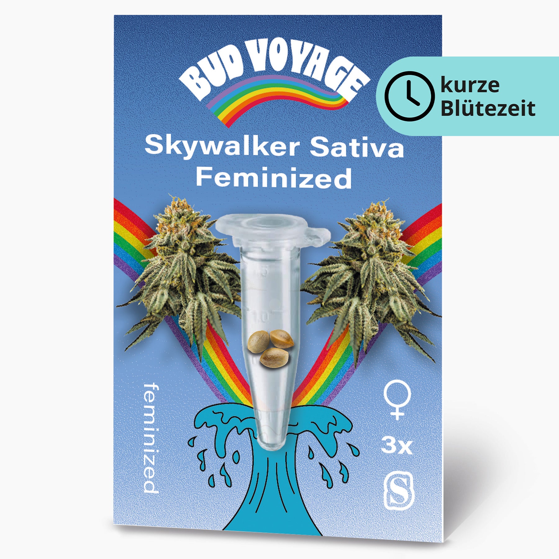 Bud Voyage Samensäckchen: Skywalker Sativa feminisiert, zeigt zwei Marihuana-Blüten, drei Samen in einer Plastikröhre, einen Regenbogen und eine blaue Welle, mit detaillierten Blättern und leuchtenden Farben