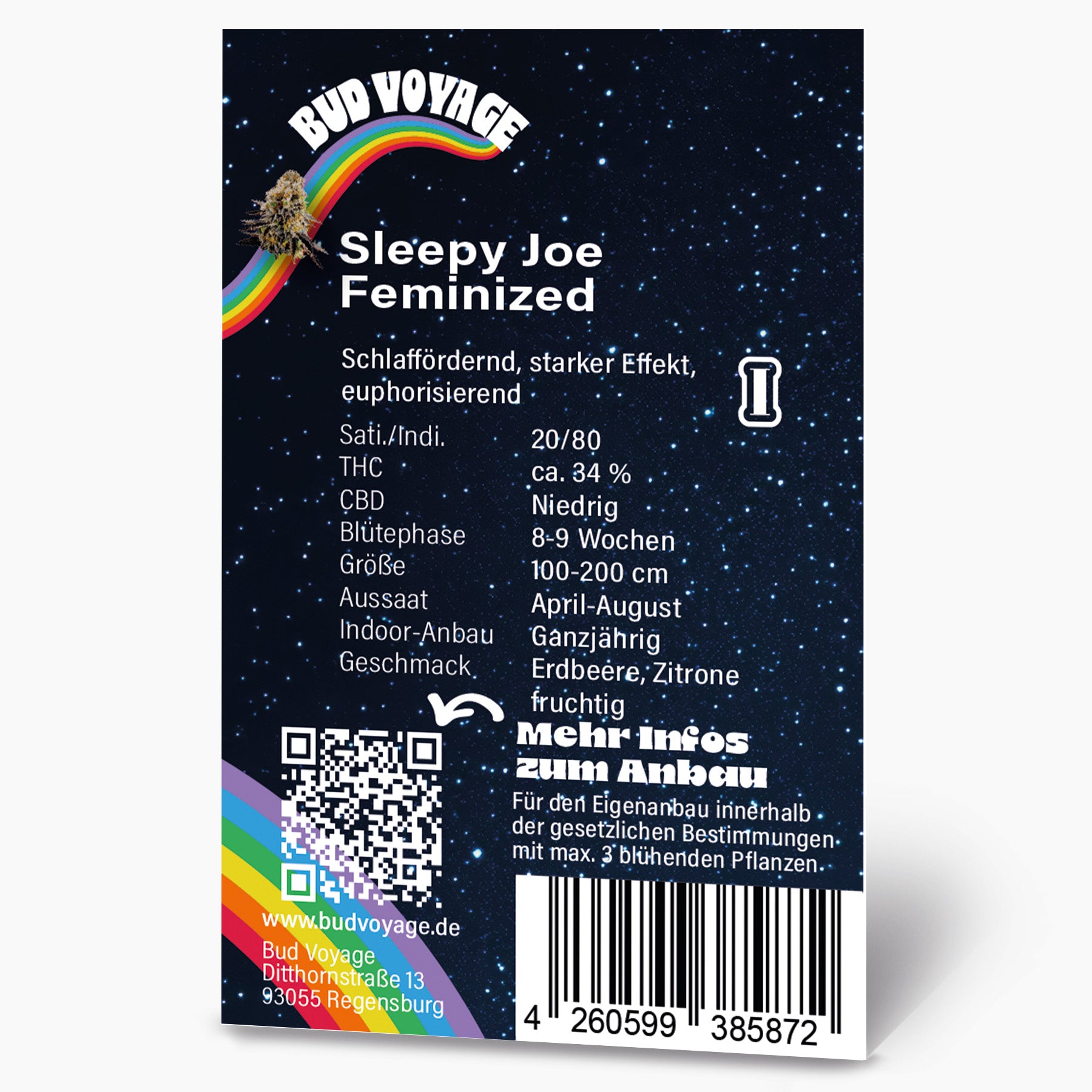 Bud Voyage graphic design, featuring a cannabis bud on a rainbow against a starry night sky, showcasing product details including strawberry and lemon flavor notes, and a QR code for more information