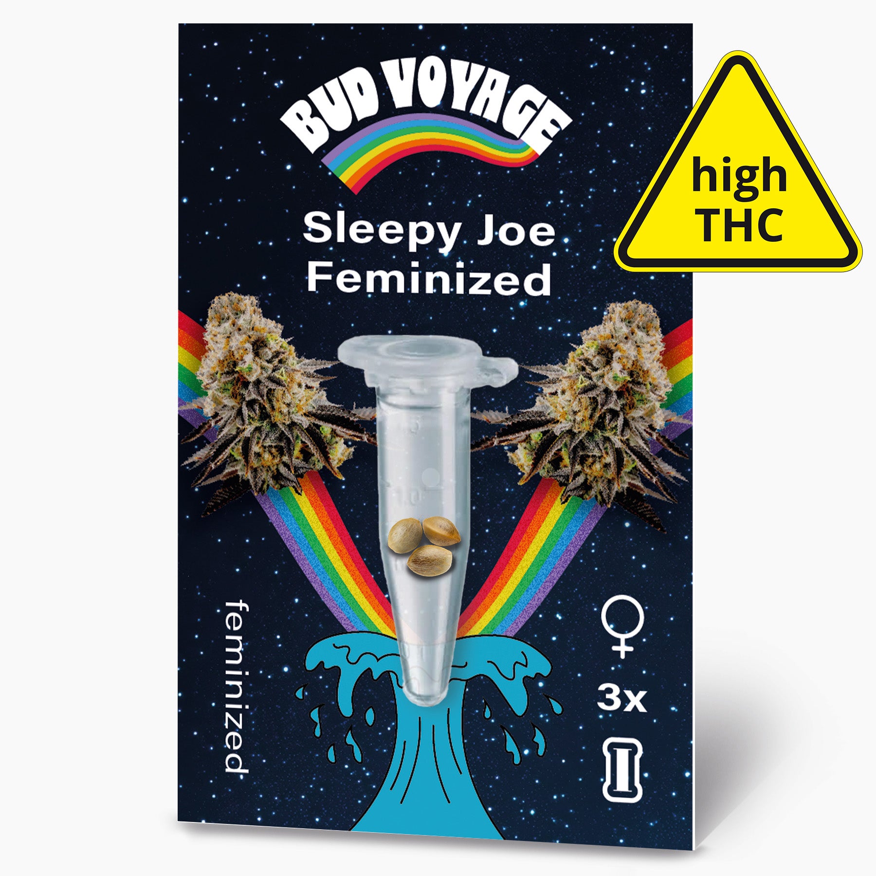 Bud Voyage graphic design featuring Sleepy Joe Feminized cannabis seeds in a microtube against a starry night sky with a vibrant rainbow and stylized wave three cannabis buds are shown with a high THC warning