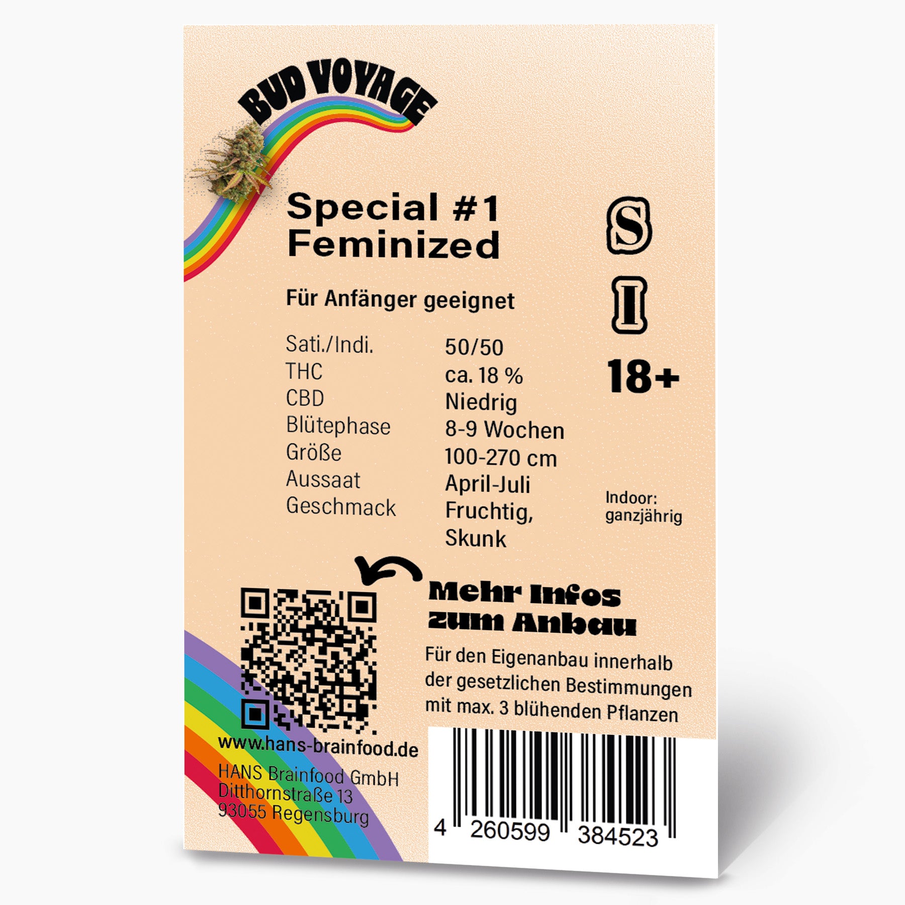 Graphic design, Bud Voyage seed packaging featuring a rainbow, cannabis bud, and QR code with product details