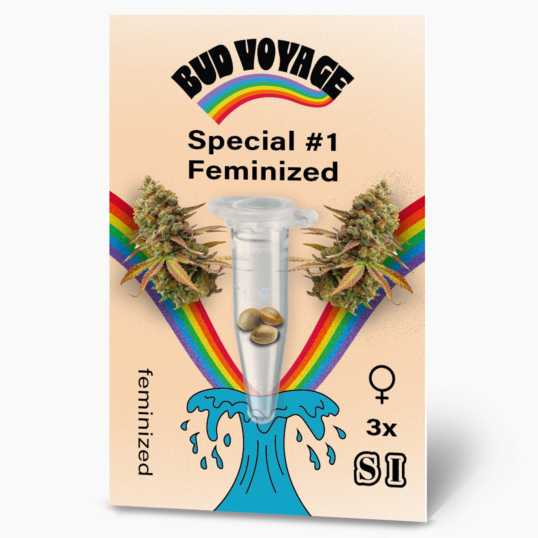 Bud Voyage Seed-Pack Grafikdesign: feminisierte Cannabis Samen in einer Reagenzglas, umgeben von Regenbögen und einer blauen Welle mit drei Samen, die weibliche Blütenstände zeigen