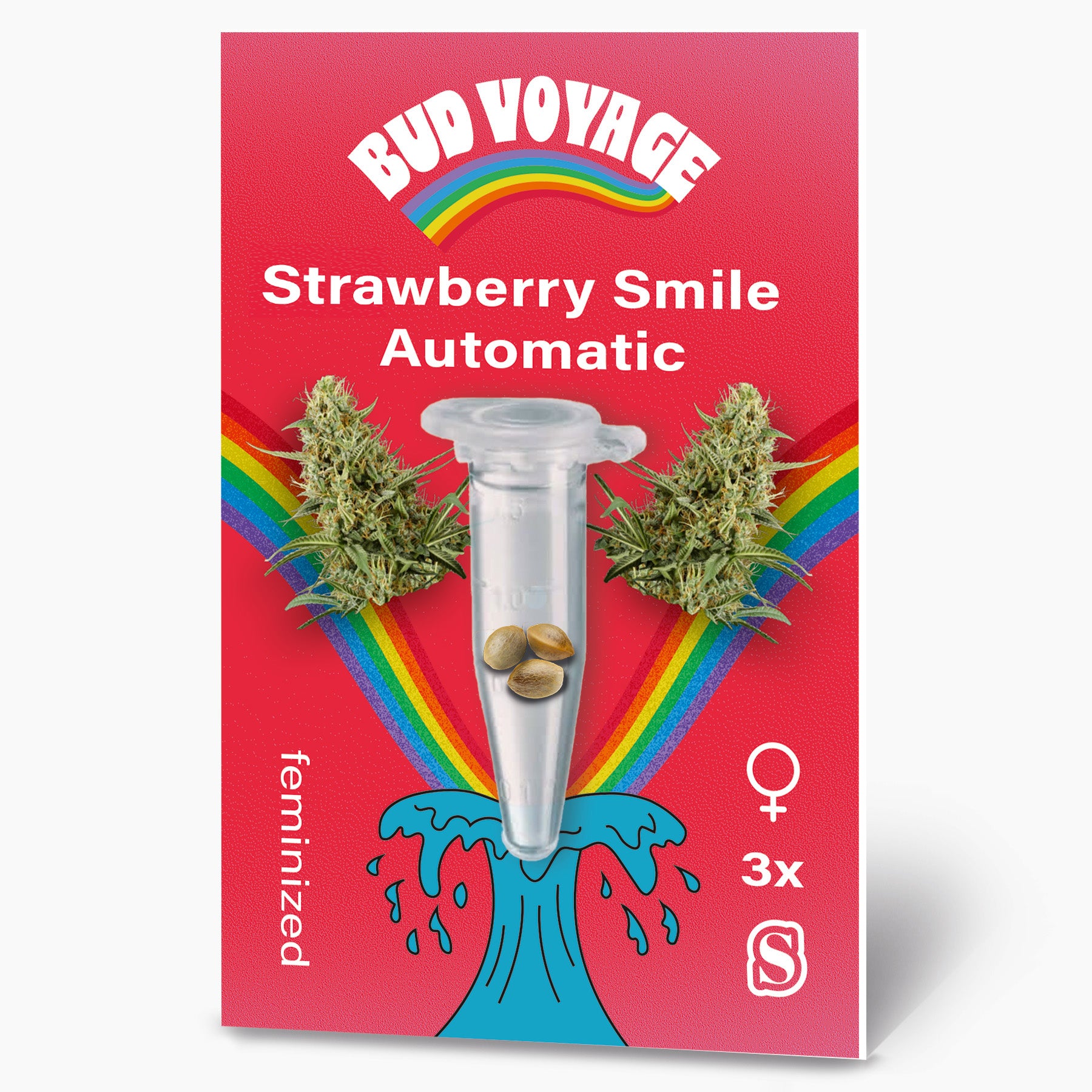 Bud Voyage Grafikdesign: Strawberry Smile Automatic Hanfsamen in einer transparenten Testtube vor Regenbogen und maritimen Wellenmuster, drei feminisierte Samen in lebendigen Farben auf rotem Hintergrund