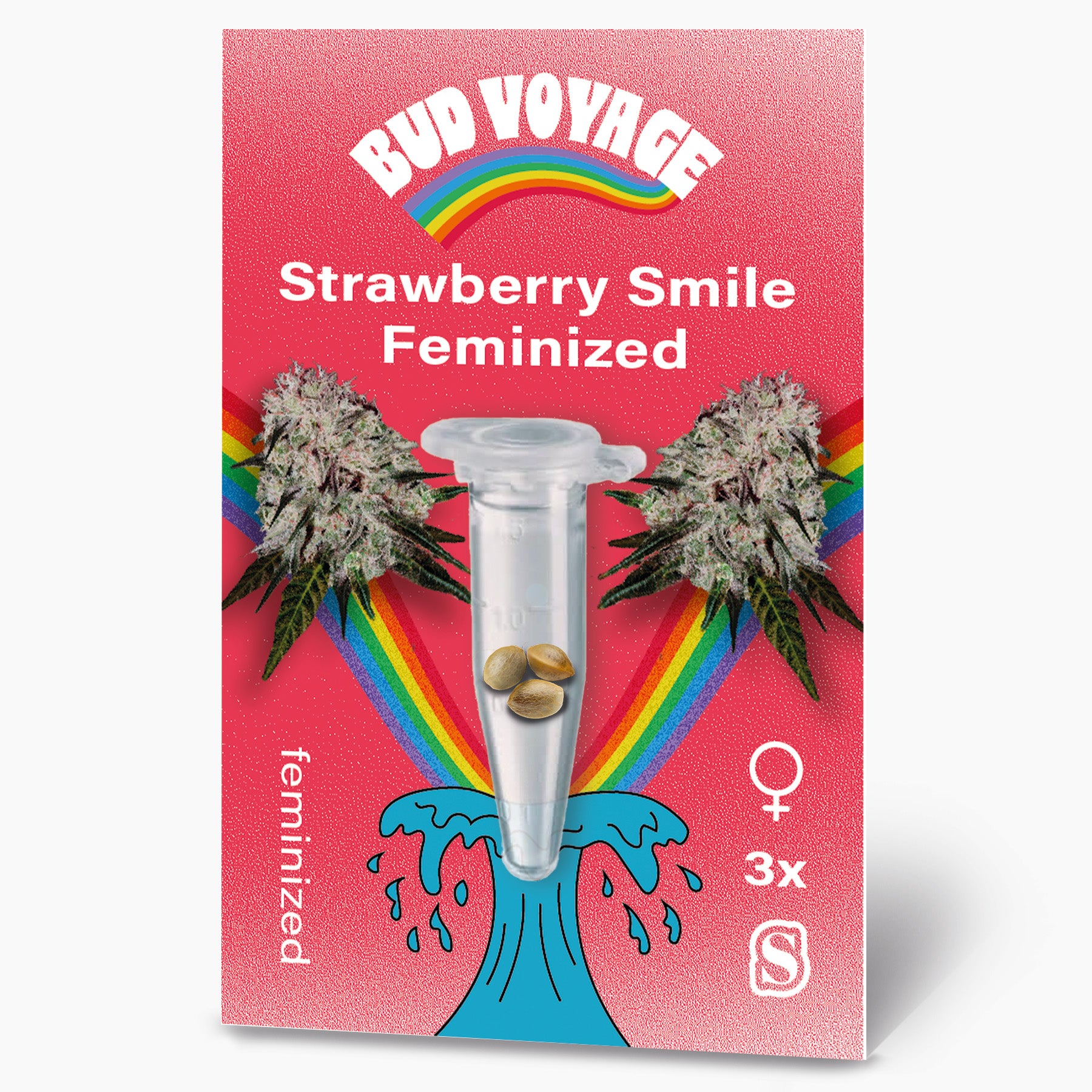 Bud Voyage Grafik: feminisierte Strawberry Smile Hanfsamen in einer Reagenzglaskapsel vor rosafarbenem Hintergrund mit Regenbogen und maritimen Elementen