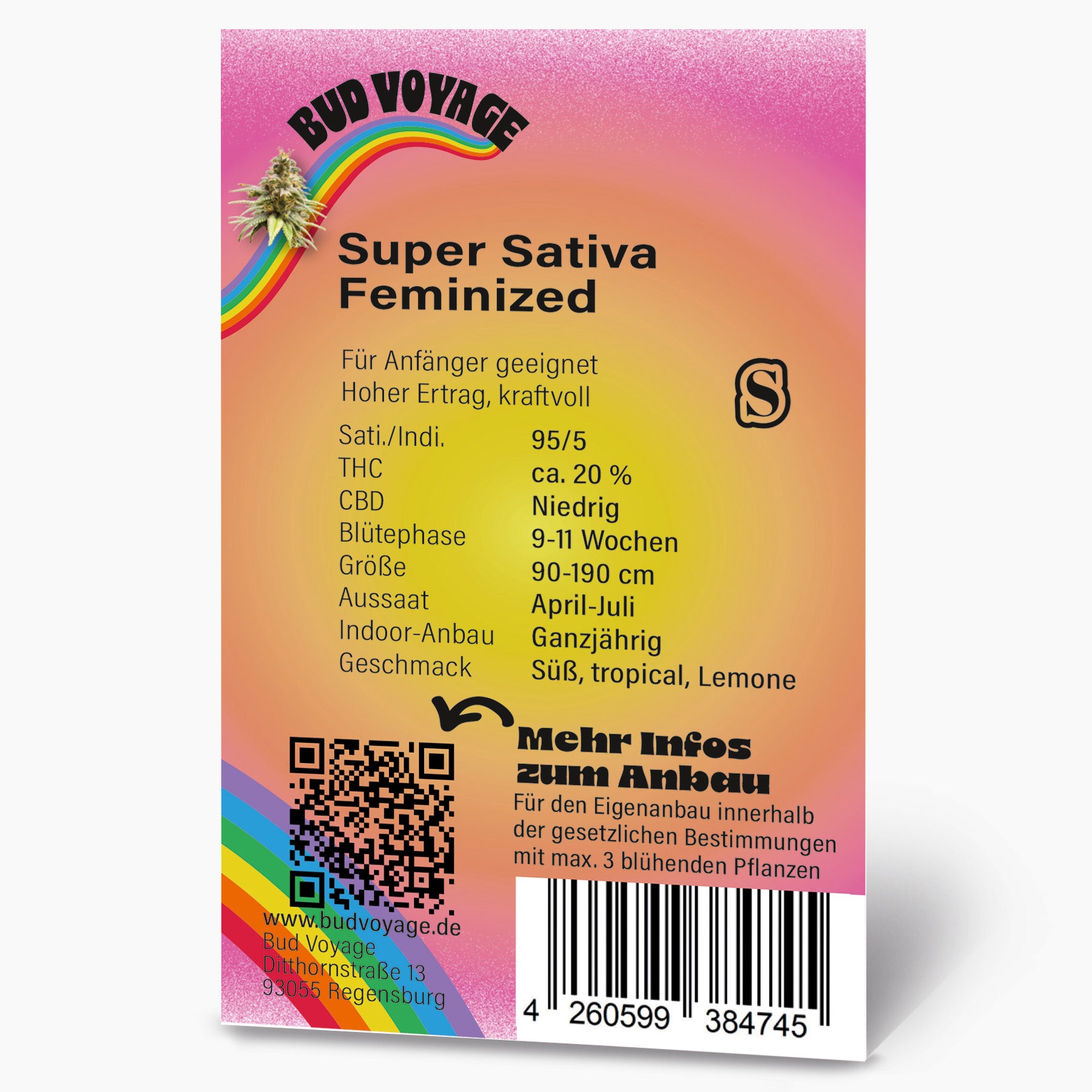 Bud Voyage Produktdesign: Super Sativa feminisiert Hanfpflanze mit Regenbogen, QR-Code und Barcode, süße tropische Zitronennoten