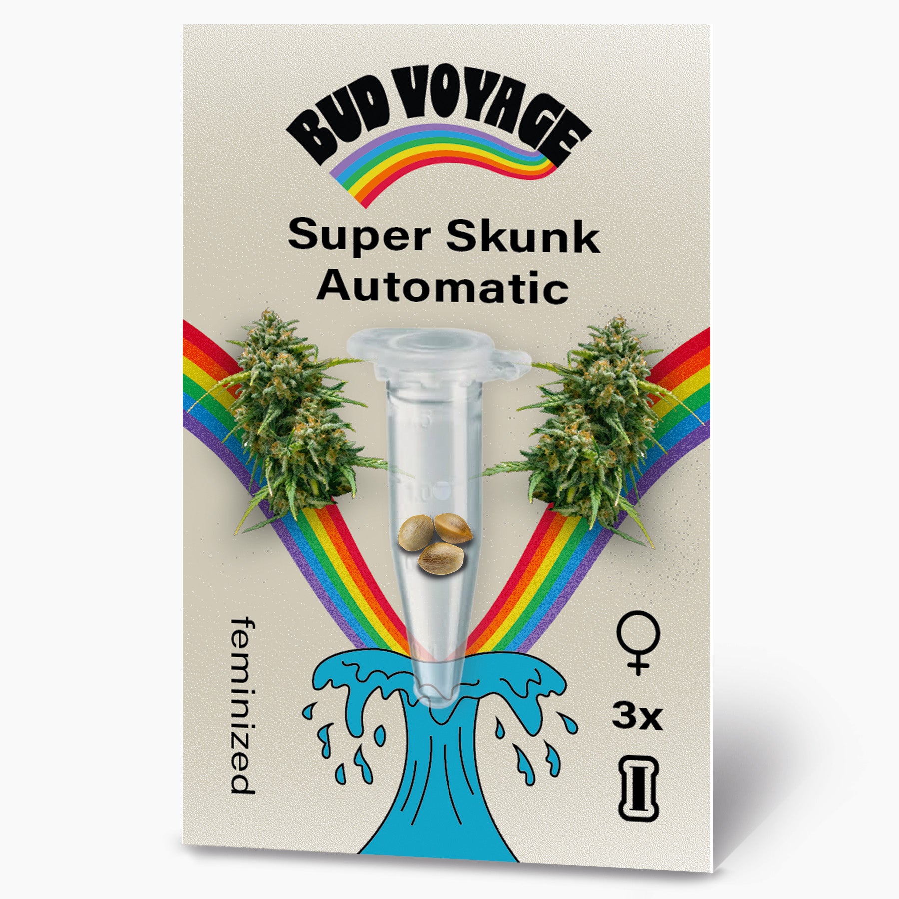 Bud Voyage Super Skunk Automatic Samenkollektion zeigt drei feminisierte Samen in einer Testtube, umgeben von marihuanaknospen und einem Regenbogen mit einem blauen Wellenmuster