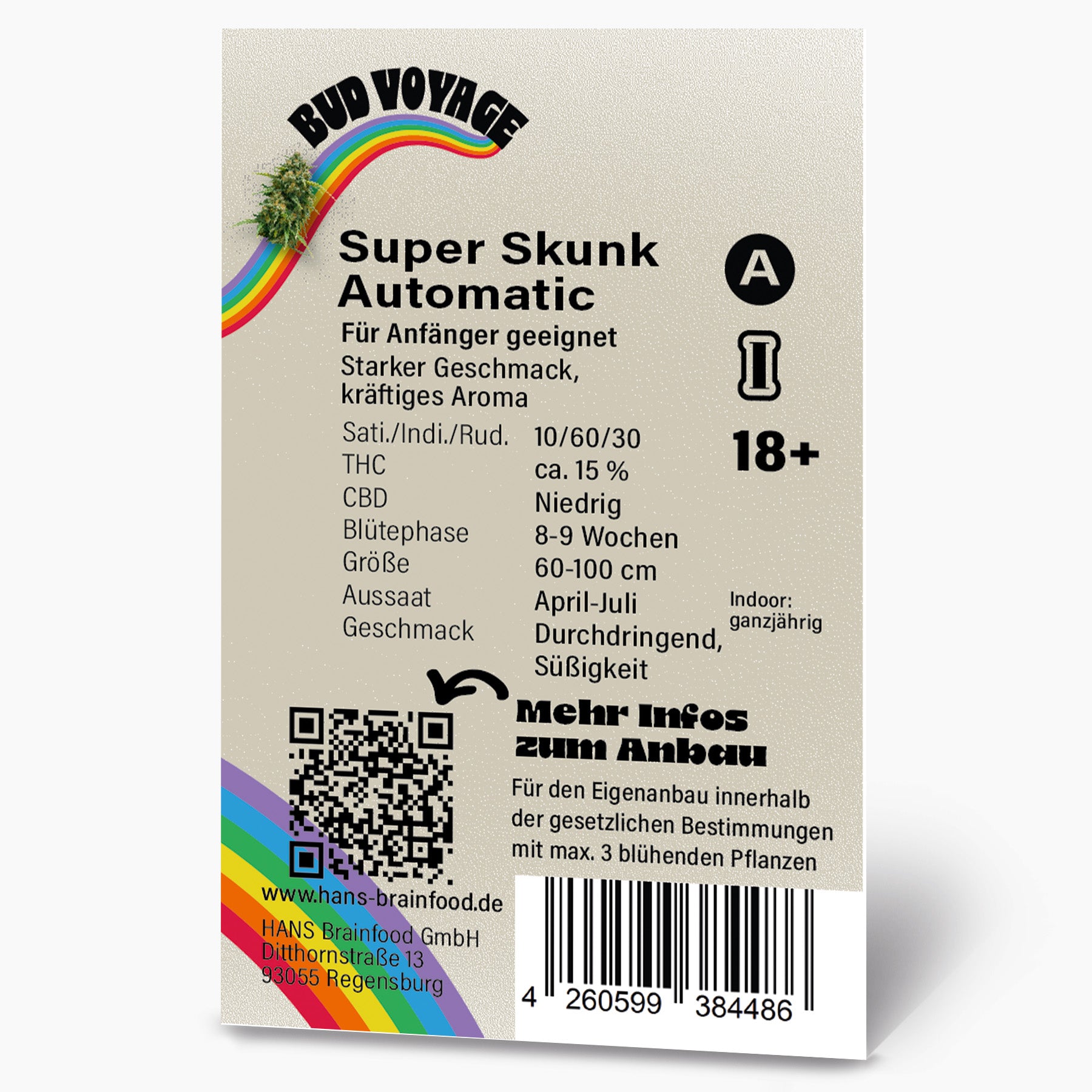 Grafik von Hans Brainfood GmbH: Super Skunk Automatic Samenpackung mit Regenbogen, QR-Code und detaillierten Angaben zum Anbau.